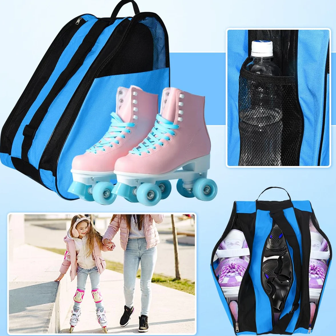 Bolsa para Patines En Linea con Casco y Protecciones, 3 Compartimentos, Correa Ajustable