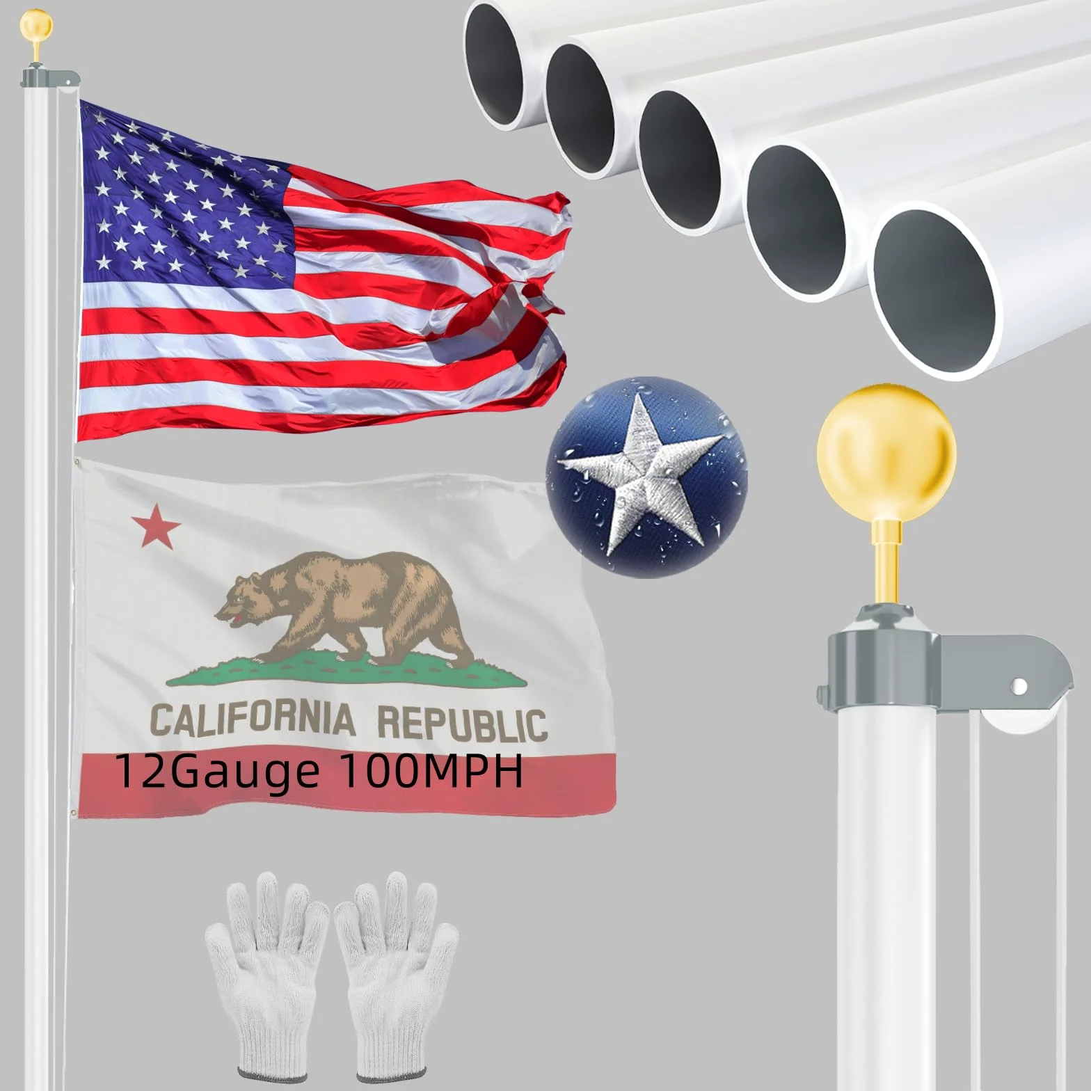 NELXINJO Mástil de bandera resistente de 25 pies, calibre 12, kit de mástil de bandera de aluminio extragrueso para exterior de casa, color blanco