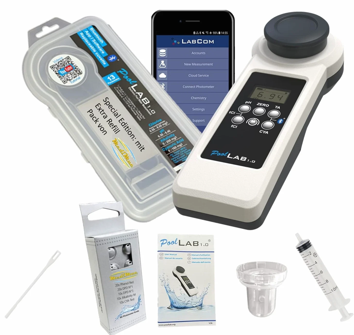 Edición especial: Fotómetro 13 en 1 PoolLab 1.0 - nueva versión - medidor de agua electrónico, fotómetro con 70 tabletas de prueba y paquete de recarga extra