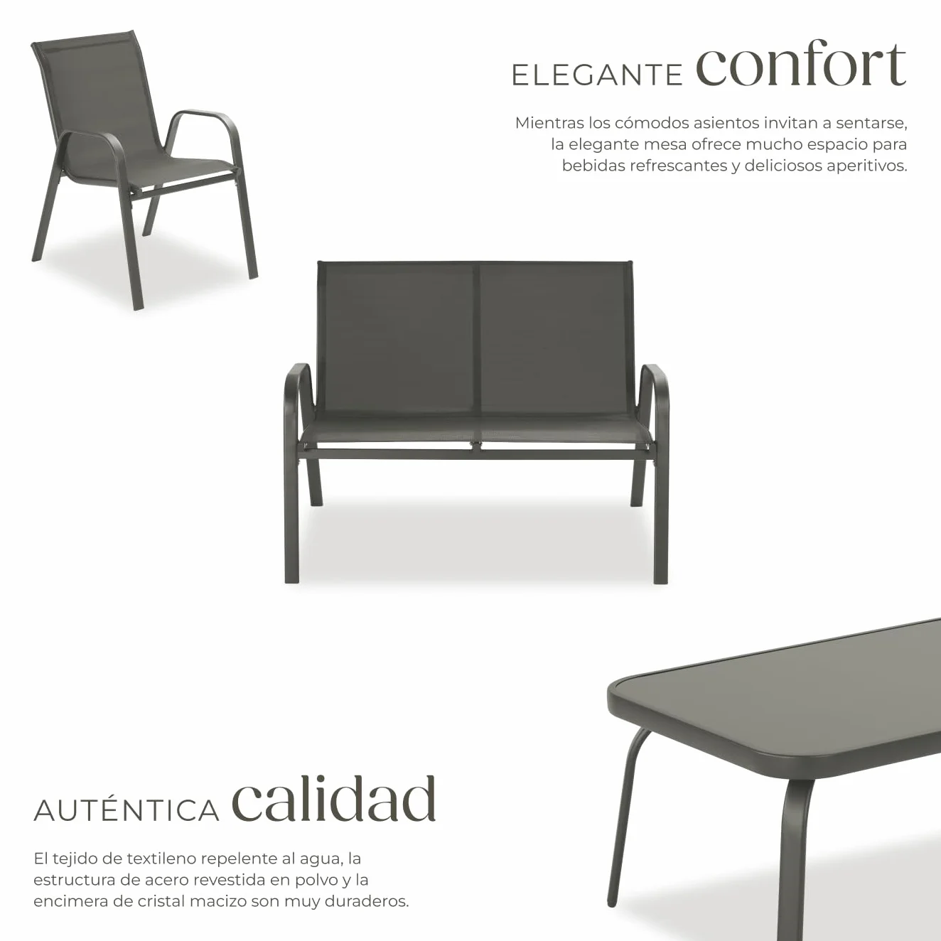 tectake® Conjunto Jardin Exterior para 4 Personas, Muebles Jardin Exterior con Estructura de Acero, Mesa con Vidrio de Seguridad, Muebles Terraza y Sofa Terraza - Antracita