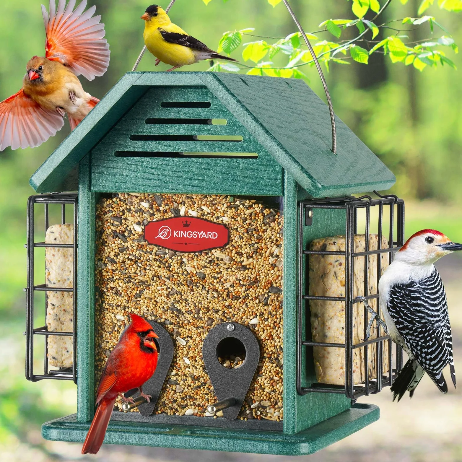Kingsyard Comedero para pájaros 3 en 1 para colgar al aire libre, comedero doble de sebo de plástico reciclado con compartimento de malla de metal y techo resistente a la intemperie, gran capacidad de