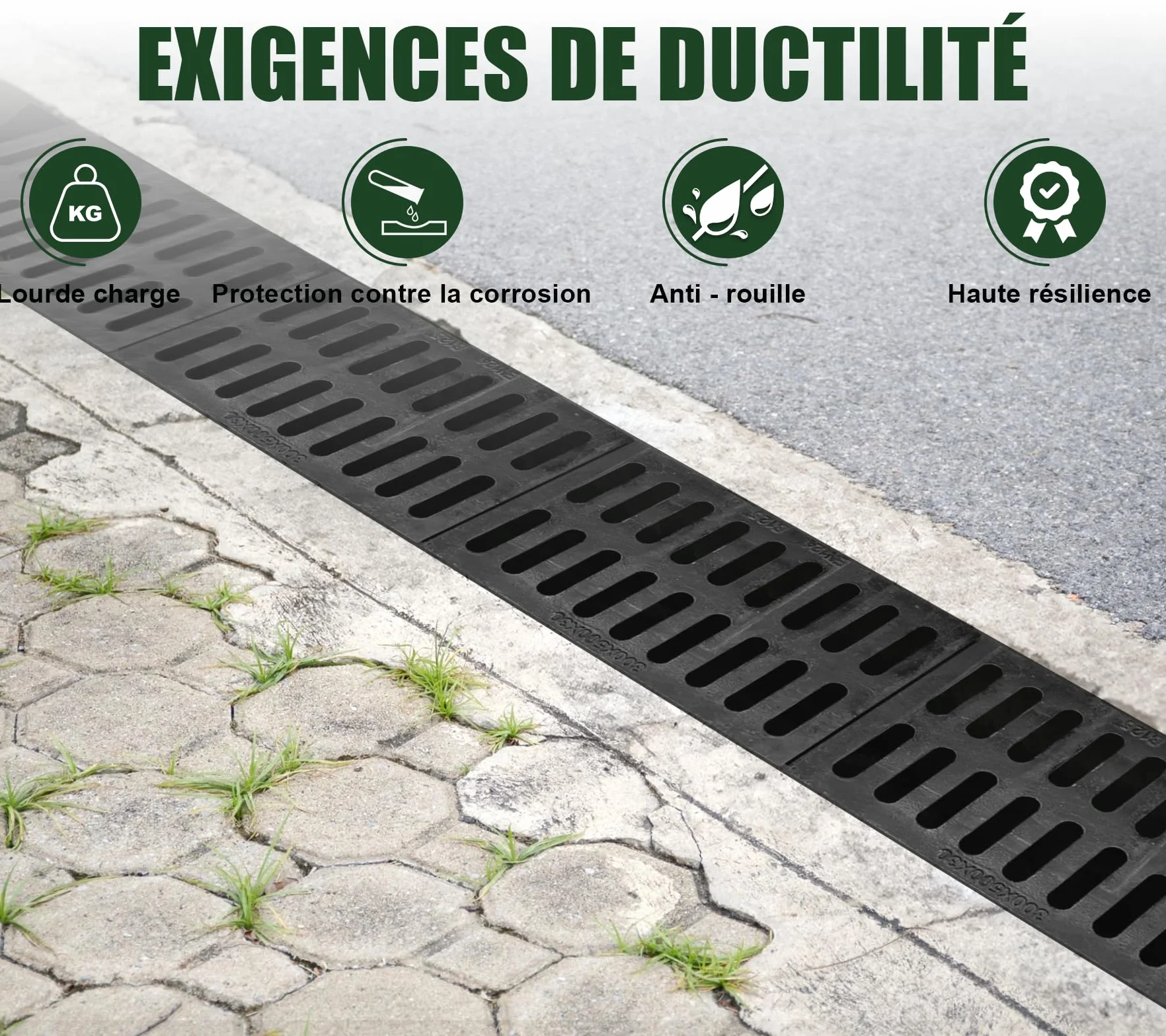 Rejilla de drenaje para zanjas, 500 x 300 mm, de hierro dúctil, resistente, rectangular, rejilla de drenaje de metal, para entradas, jardines, eliminación de aguas residuales, senderos