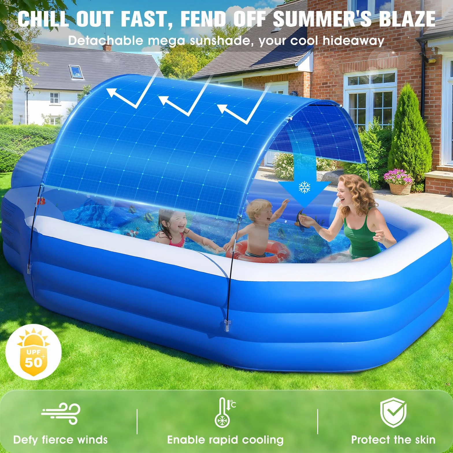 ChlorBlu Piscina Hinchable Grande con Toldo, 300x190x55cm Piscina Hinchable Adultos, Piscinas Hinchable Rectangular Resistentes y Gruesas, Piscinas Hinchable Familiar para Jardín Exterior