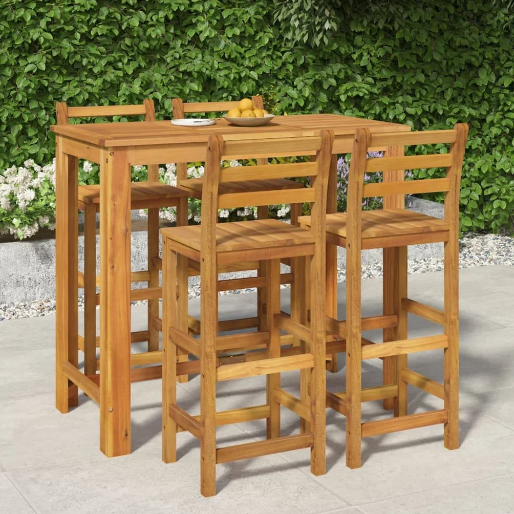Willood Mesa y Taburetes Altos de Jardín 5 pzas, Juego de Muebles de Bar, Mesa Sillas Altas, Mesita Asientos Exterior, Madera Maciza Acacia