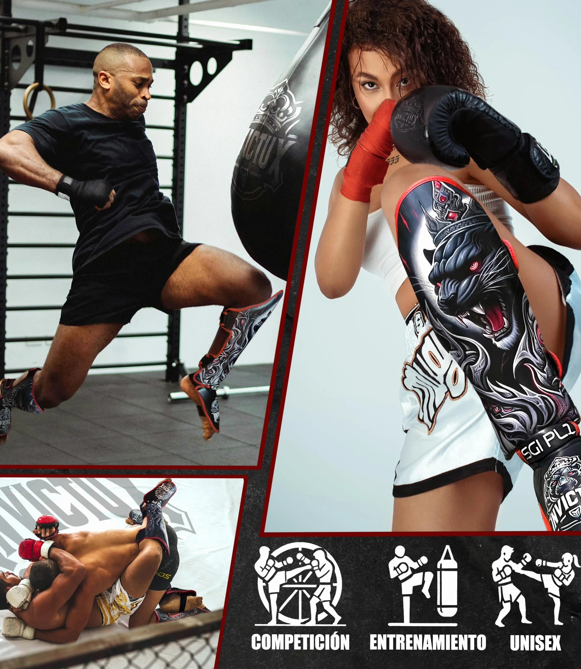 Espinilleras Kick Boxing MMA Muay Thai Tibiales Protección Espinillas Empeine Velcro Adulto Unisex