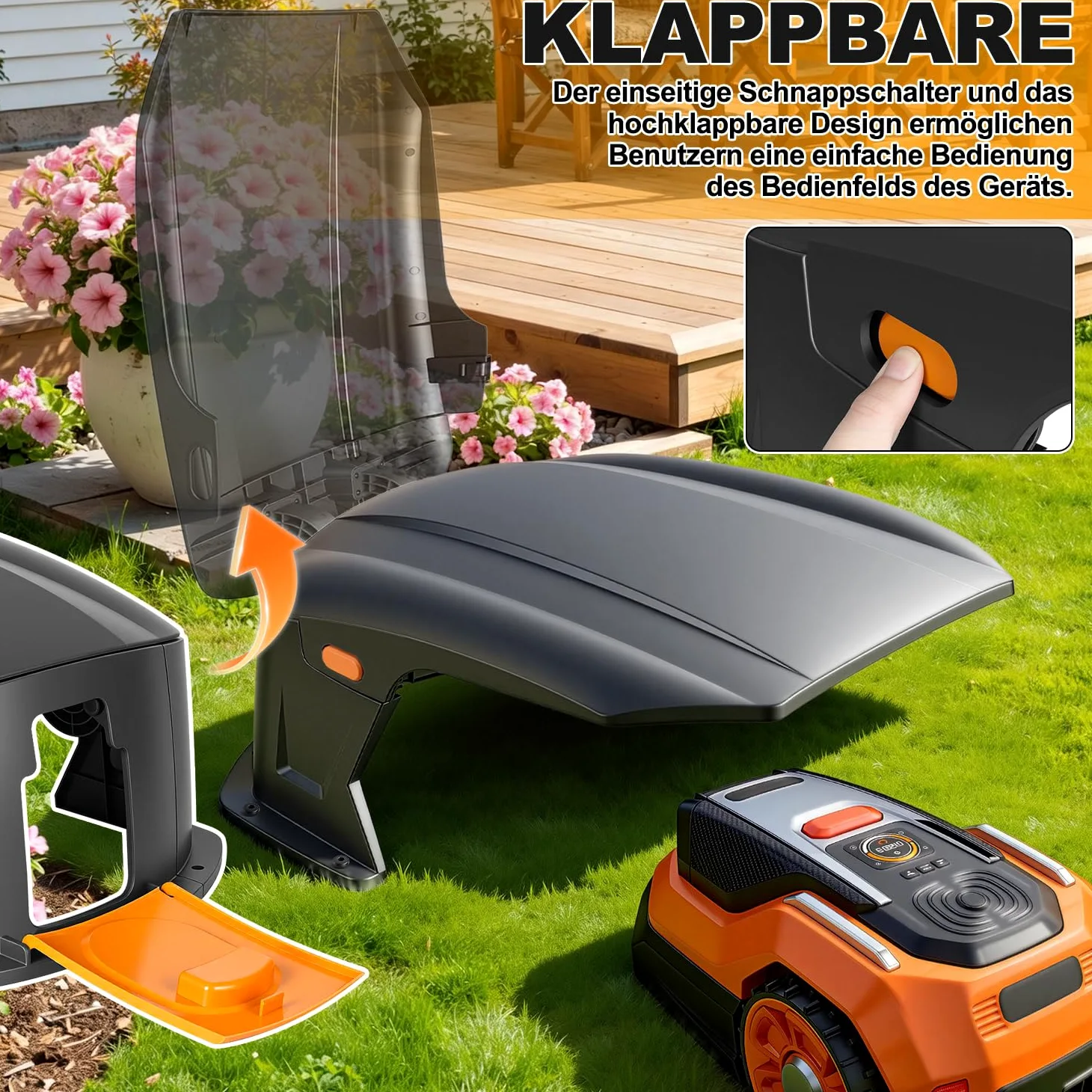 Garaje para robot cortacésped con techo plegable, garaje para robot cortacésped con tapa de servicio, resistente a la intemperie, protección UV y lluvia, sin interferencia de señal, 70,5 x 57