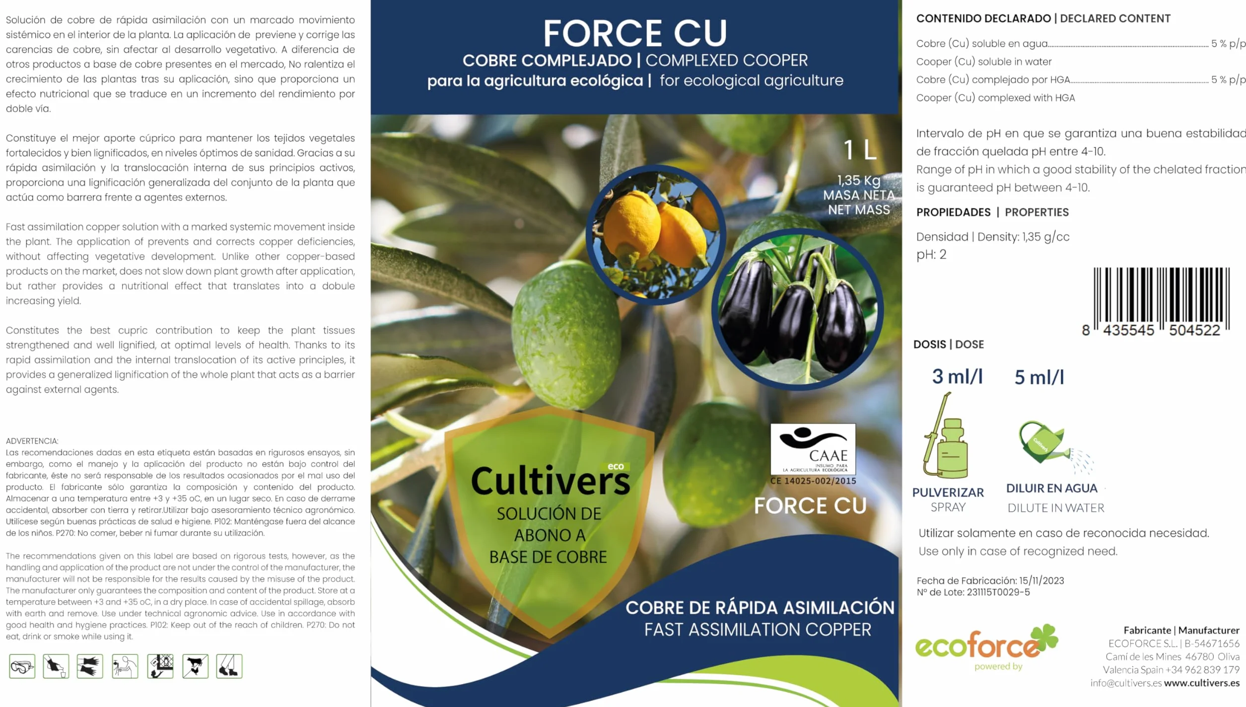 CULTIVERS Gluconato de Cobre. Abono Fertilizante con Efecto Fungicida de Cobre Ecológico de 1 L Que Mejora el Sistema de Defensa de la Planta contra el Desarrollo de Enfermedades