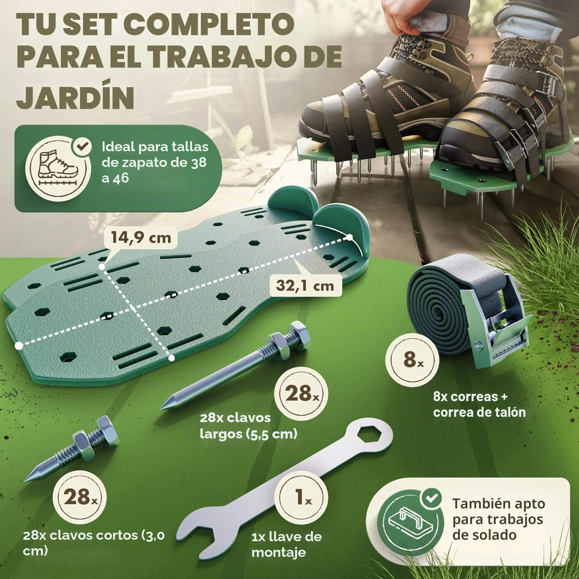 LAINFELD Aireador de césped, zapatos con clavos cortos y largos, aireador de césped con 4 correas, escarificador para césped, zapatos de jardín aerificados.