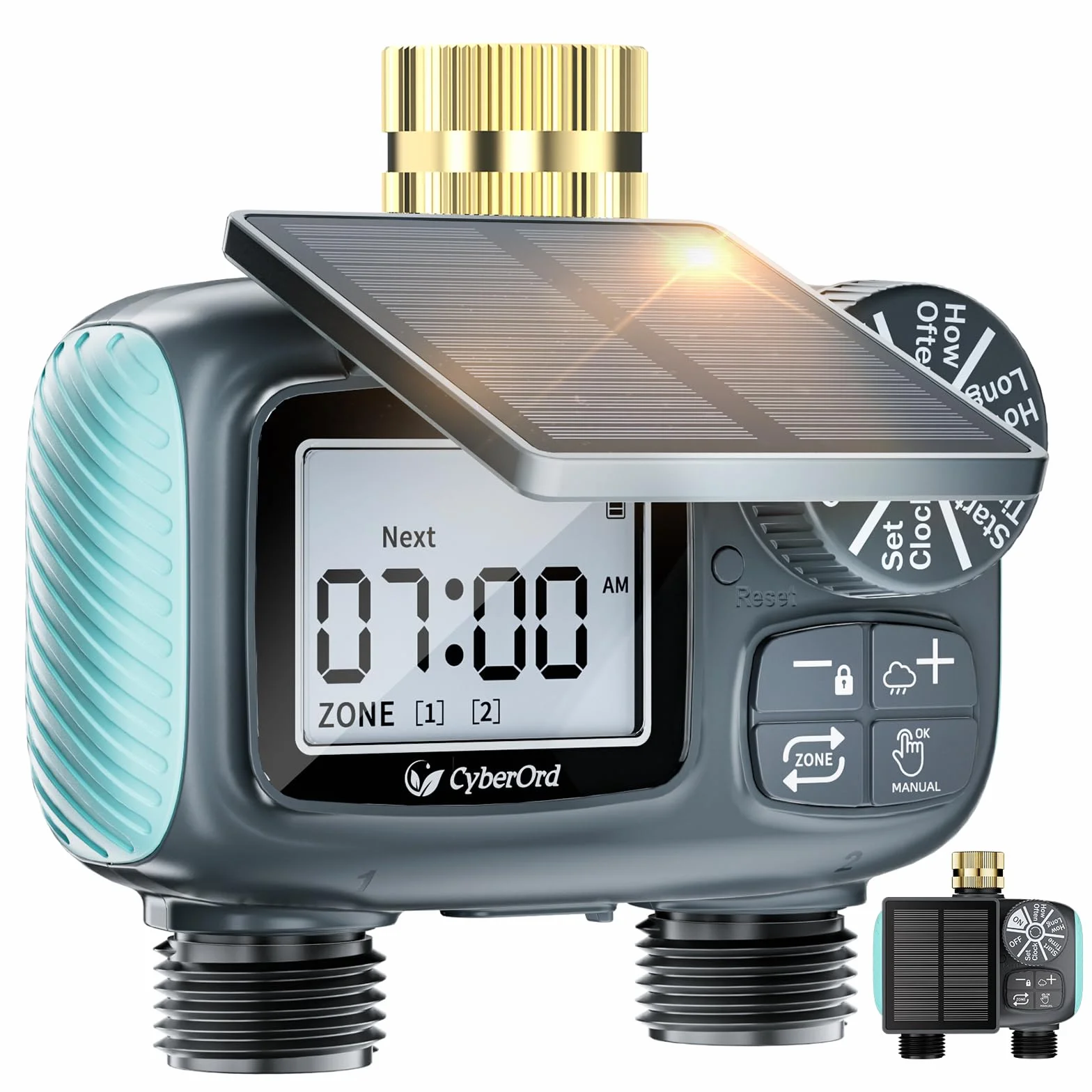 Programador de Riego Solar CyberOrd de 2 Zonas, Temporizador de Riego con Carga Solar, Sistema de Riego Automático con Modos Automático/Manual/Retraso por Lluvia para Césped/Ppatio/Jardín