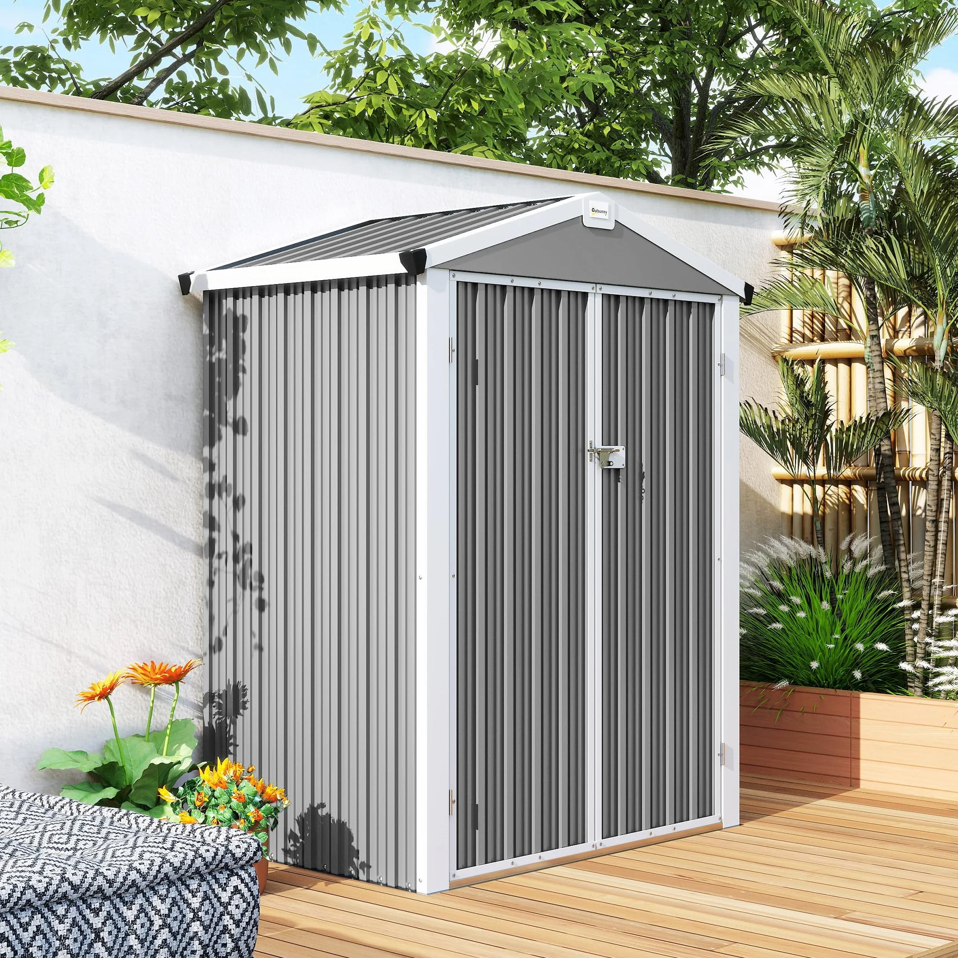 Outsunny Caseta de Jardín Exterior 1,1 m², 133x87x178 cm, Cobertizo Metálico con Puertas Abatibles Dobles, Techo a Dos Aguas y Guantes, Almacenaje de Herramientas y Bicicletas, Gris