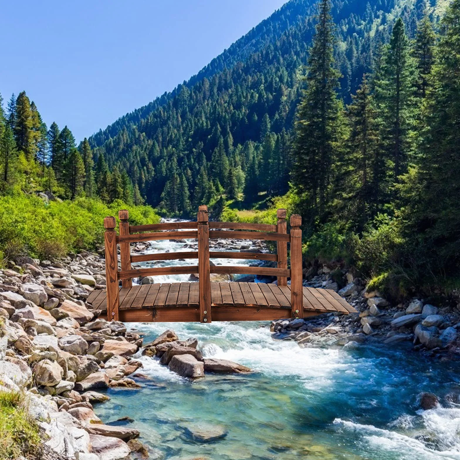 GOPLUS Puente de Madera rústico y Macizo, con Mano Corriente, decoración de jardín, Puente de Estanque, soporta un Peso máximo 100 kg, 150 x 67 x 55 cm (marrón)