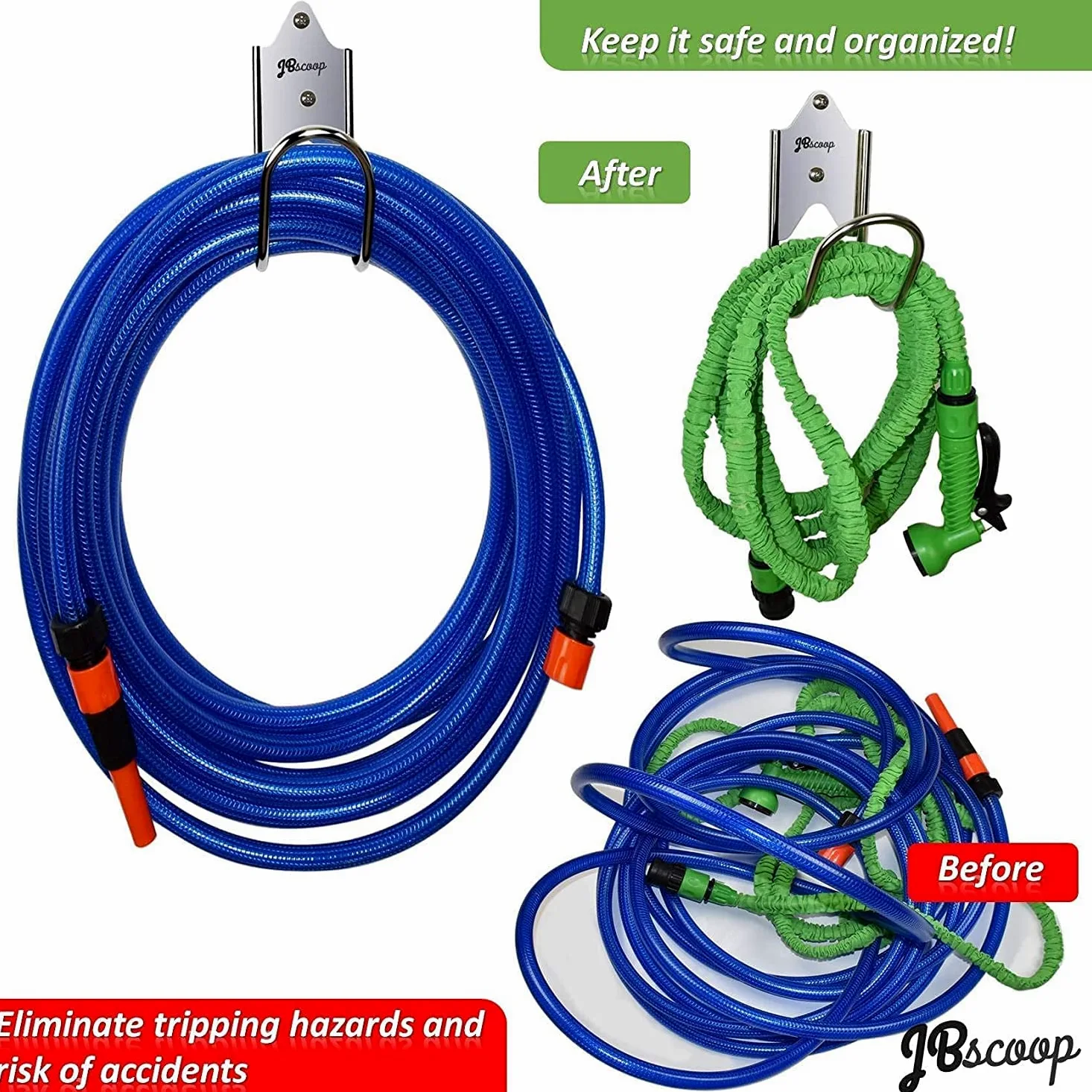JBscoop Colgador de manguera de jardín de acero inoxidable (juego de 2), para soporte de manguera de jardín, soporte de pared sin óxido, soporte de manguera de montaje en pared resistente