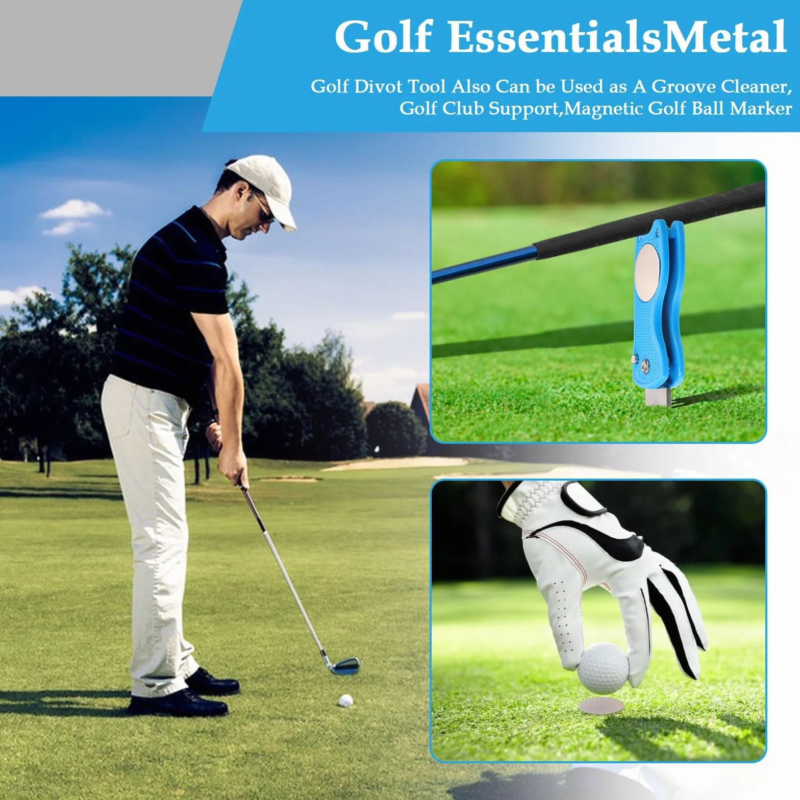 Herramienta de reparación de divot de golf plegable de metal con marcador