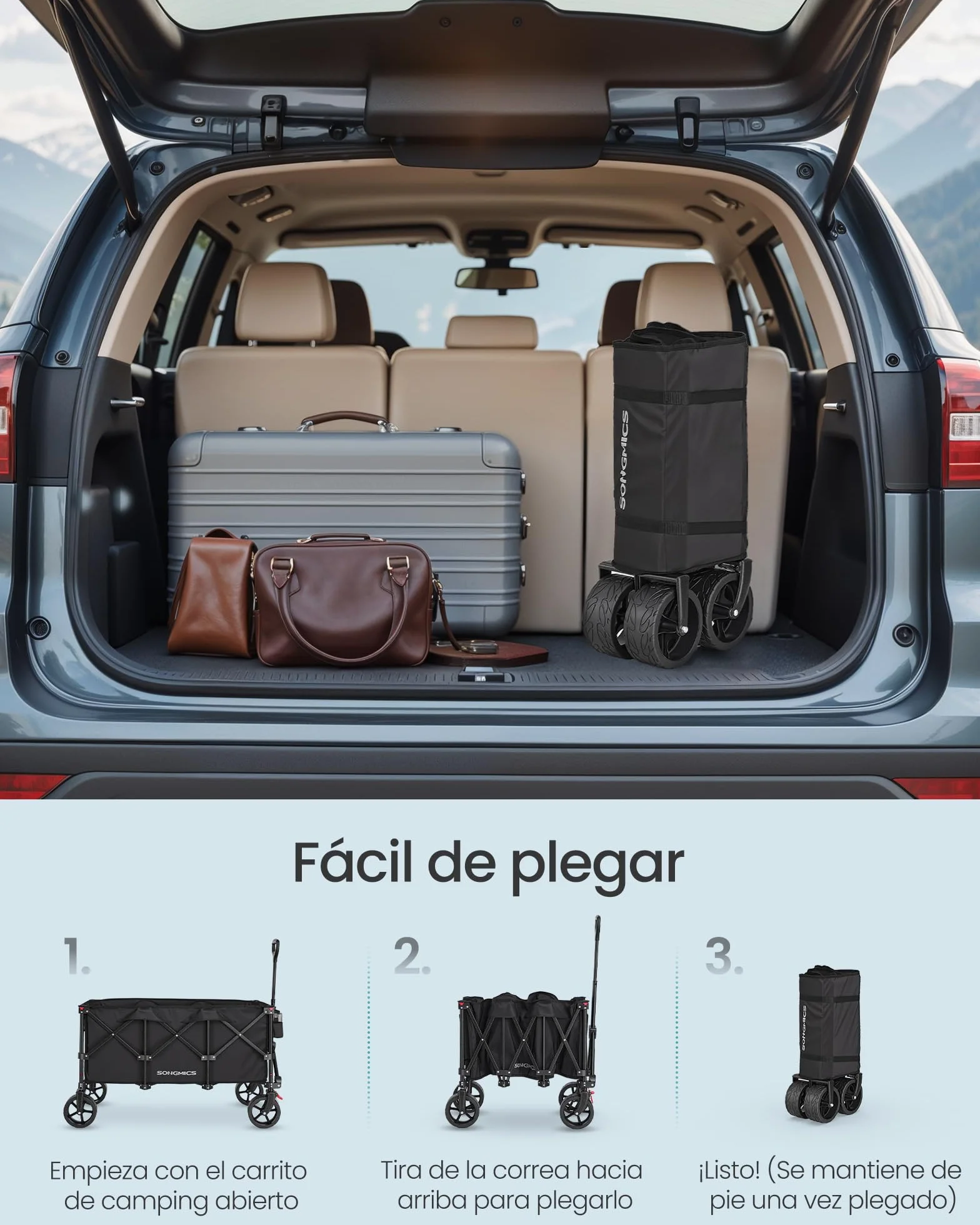SONGMICS Carro de Mano Plegable con Asa, 4 Ruedas Desmontables, Carro de Jardín para Exterior, Playa, Camping, Carga de 150 kg, 200 L, Negro Tinta GFW200B01