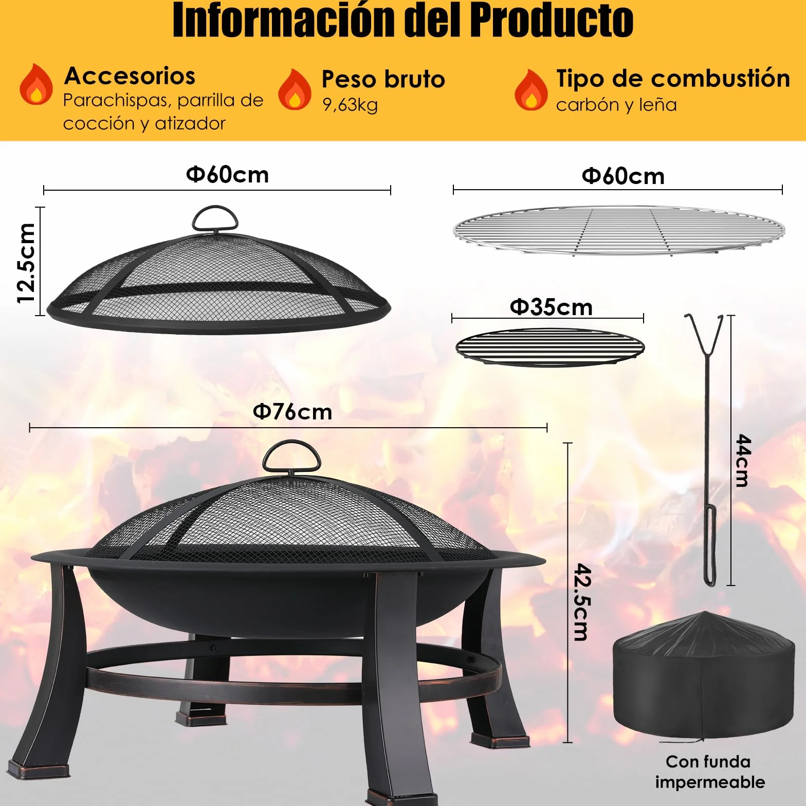 TLGREEN Brasero Exterieur Jardin, Ø 76 cm Pozo de Fuego con Protector de Chispas y Atizador, Brasero Barbacoa con Rejilla para Jardín y Terraza, Parrilla Brasero al Aire Libre de Aspecto Retro