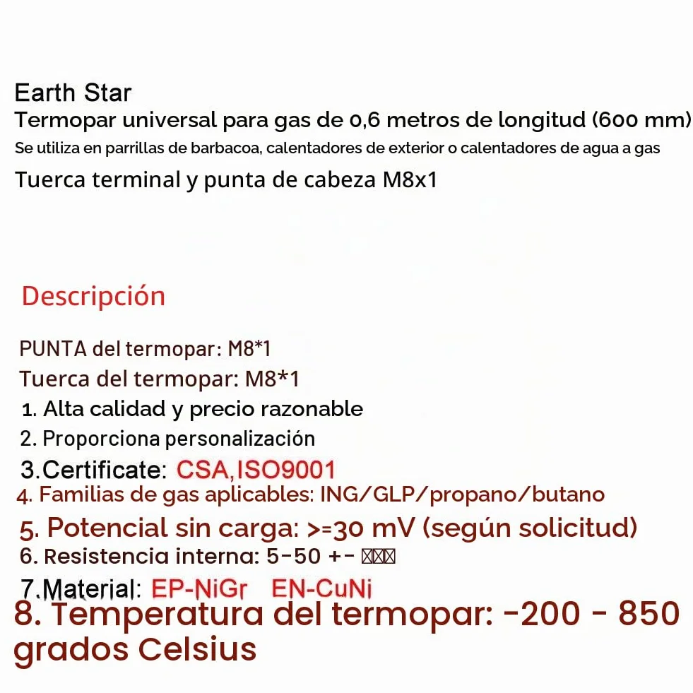 METER STAR Termopar de gas universal 24" para parrilla, calentador de hoguera o agua a gas, tuerca M8x1