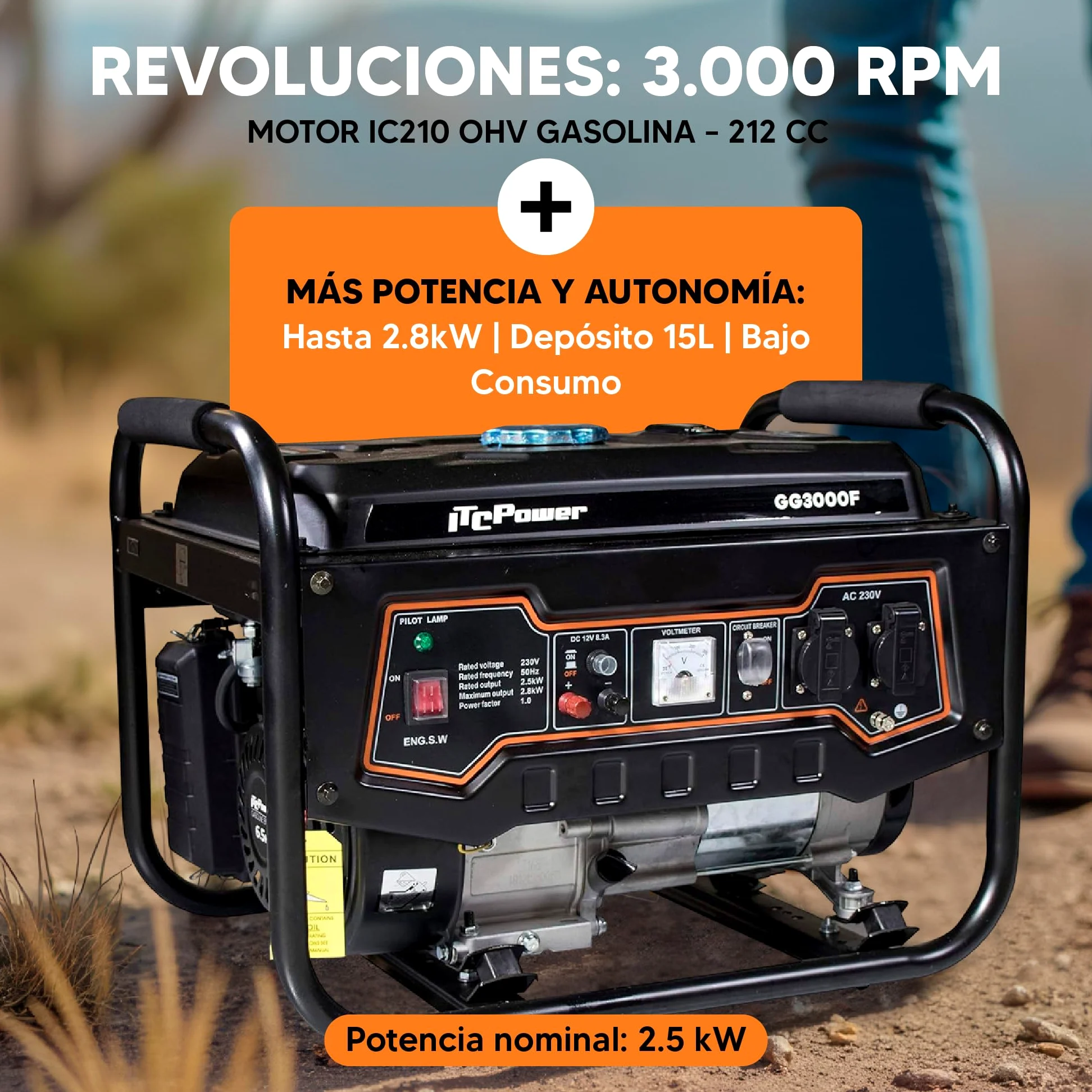 ITCPower Generador Gasolina Silencioso 2,8KW para Emergencias Domésticas - Generador Eléctrico Portátil 230V para Herramientas y Camping - Generador 4 Tiempos con Gran Autonomía y Bajo Ruido