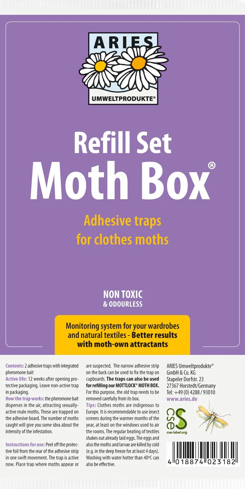 ARIES Juego de 2 recambios para Mottlock – Trampa para polillas de la ropa – Trampa adhesiva para detección de plagas y protección sostenible contra polillas para el armario – No tóxico e inodoro