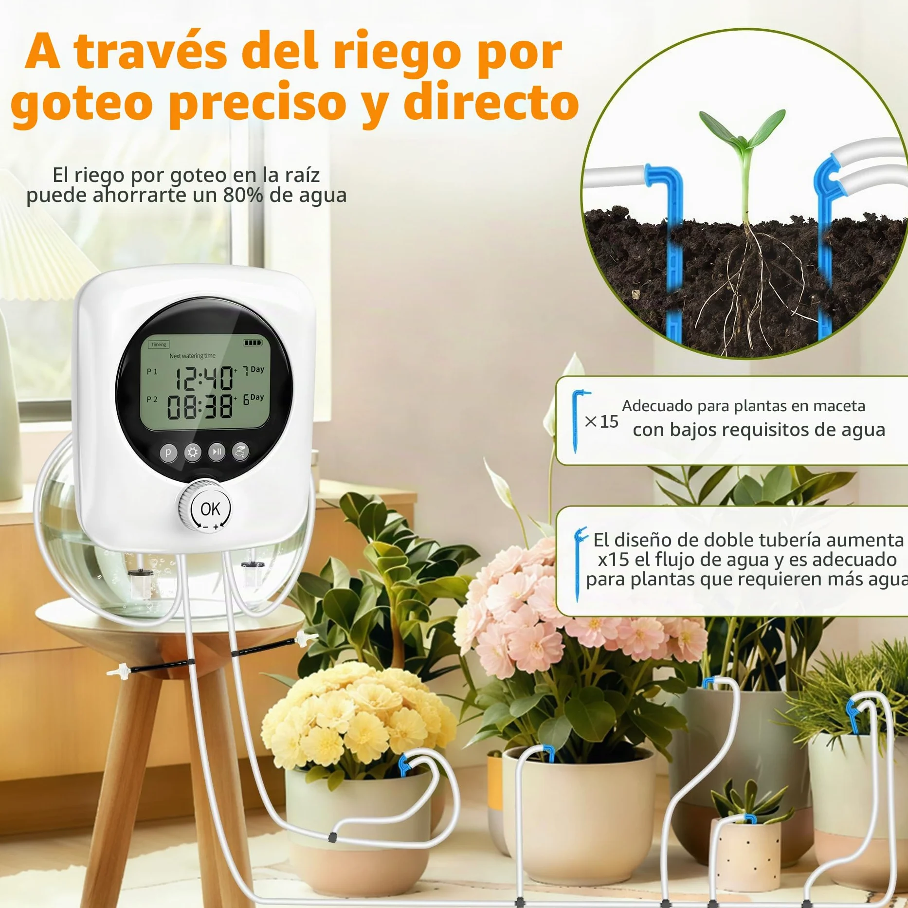 Riego por Goteo Automático Doble Bomba, Kit Riego por Goteo Recargable USB-C con Batería 4400mAh, Temporizador Ajustable Caudal 800ml/min, 20m Tubo+30 Goteros para Jardín Balcón