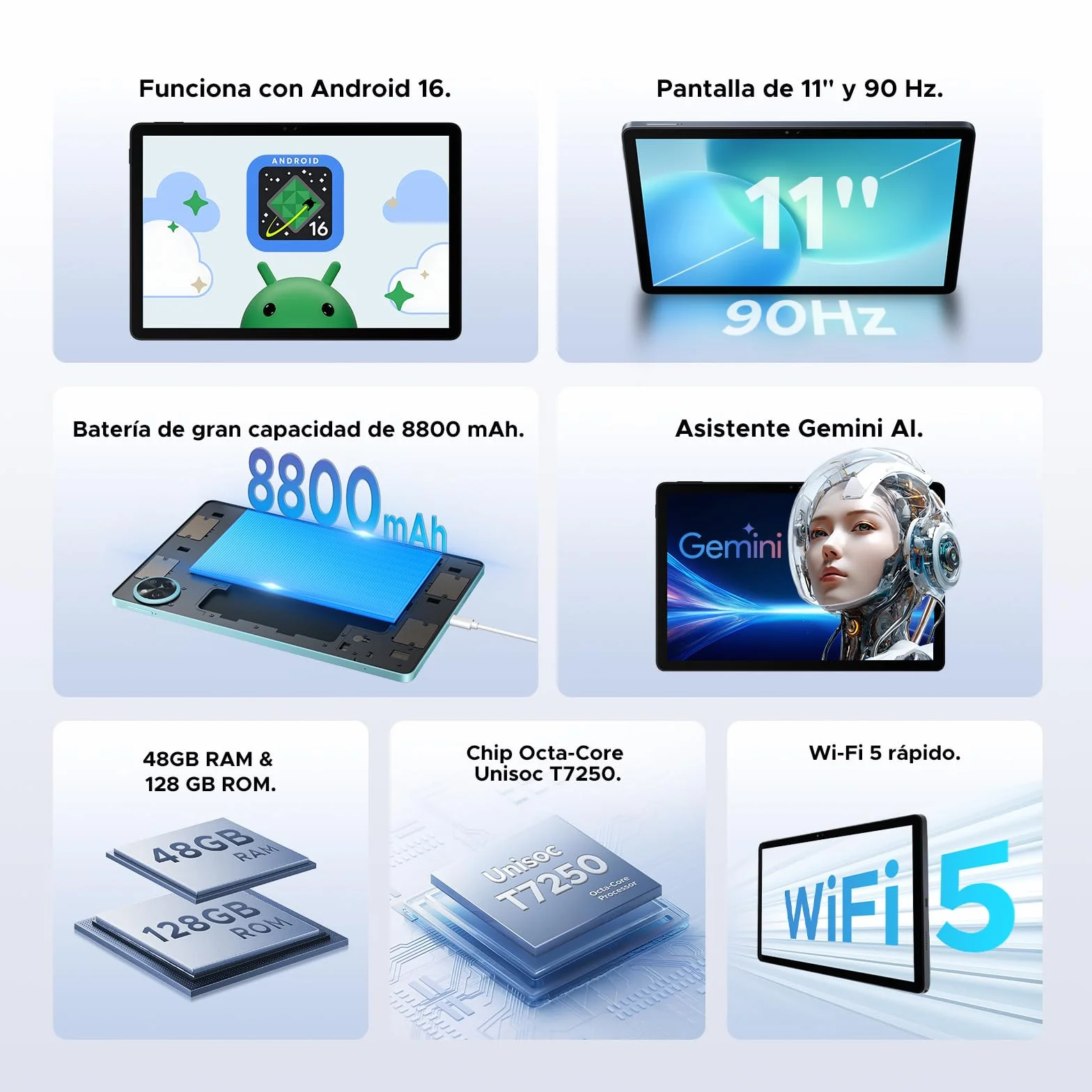 P11 Android 16 Tablet 11 Pulgadas, 48GB RAM 128GB ROM, 90Hz, T7250 Octa-Core, 8800mAh, Gemini AI, Widevine L1, Azul
