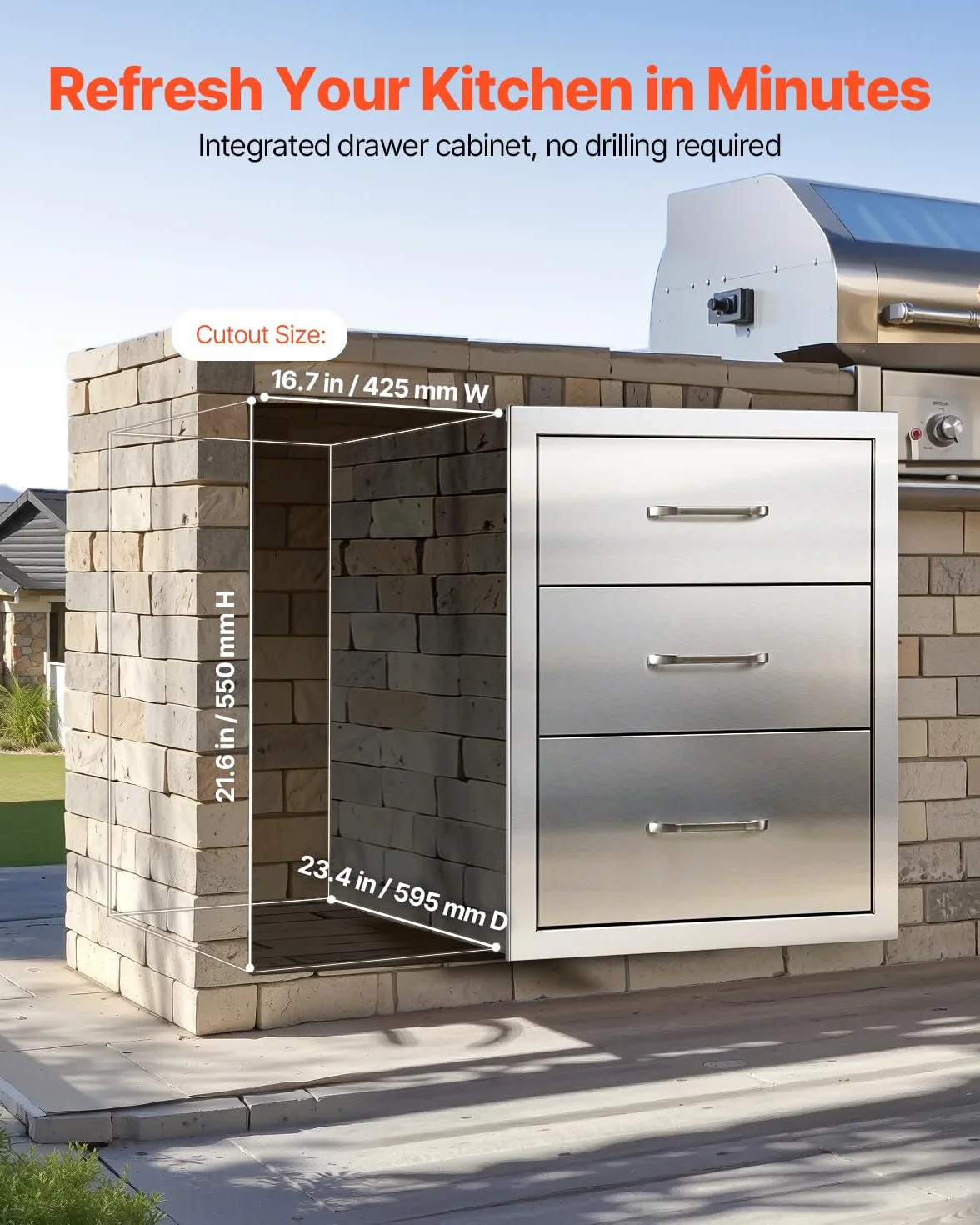 VEVOR Cajones de Cocina para Exterior 46 x 59 x 59 cm, 3 Cajones para Barbacoa de Triple Acceso con Asa de Aleación de Zinc, Cajonera para Cocinas al Aire Libre, Estación de Parrilla para Patio