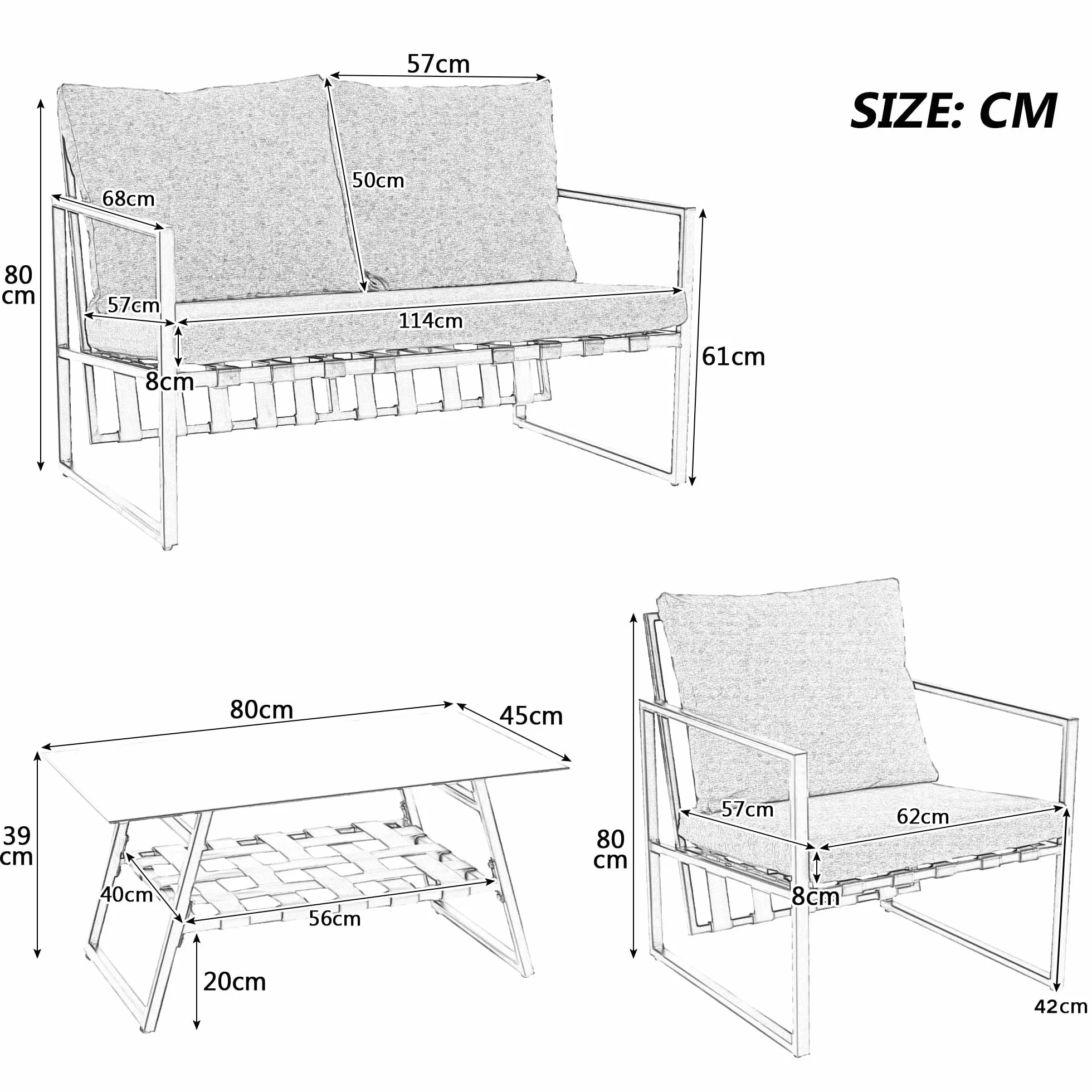 Moimhear Juego de sofá de 4 piezas para exteriores, mesa de café con capa de almacenamiento, tubo de acero galvanizado, diseño de correa de PVC, mesa de cristal templado, cojines extraíbles y lavables