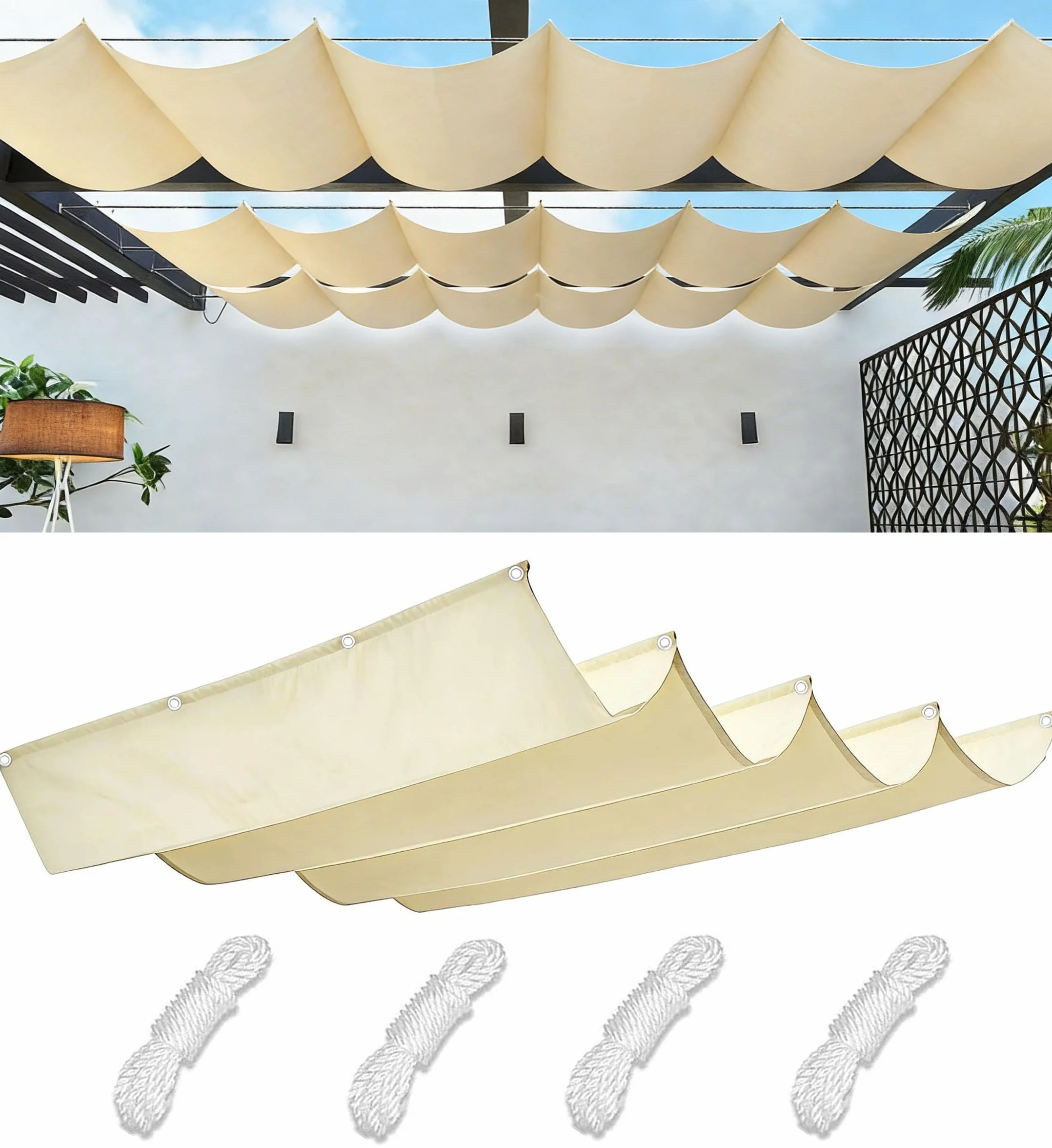 Toldo Vela de Sombra Retráctil Impermeable Ondulada Toldos Exterior Protección Rayos UV Resistente al Desgarro para Terraza Balcon Exteriores Jardín con Ojales y Cuerdas 1.5x3M Crema