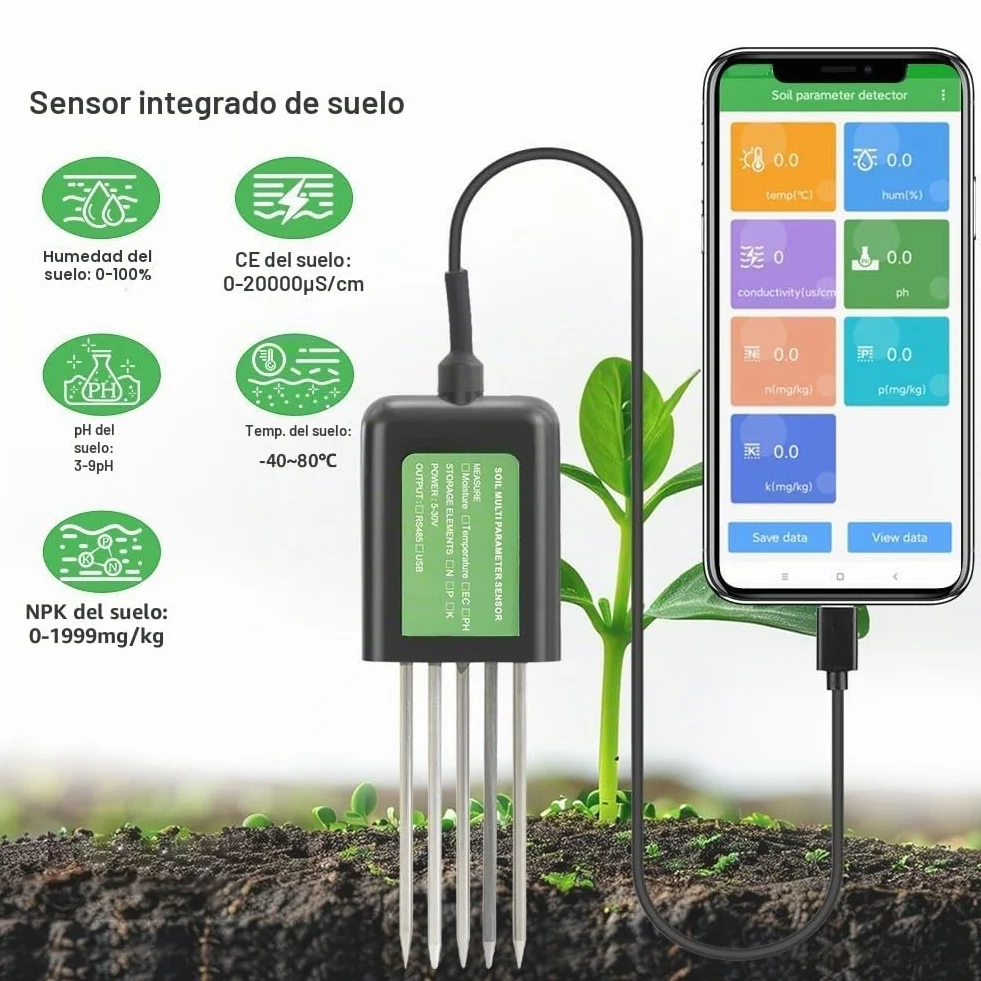 Probador de suelo 7 en 1, medidor de análisis de suelo digital USB para prueba de humedad de pH NPK para Android App compatible con cable de 1,5 m