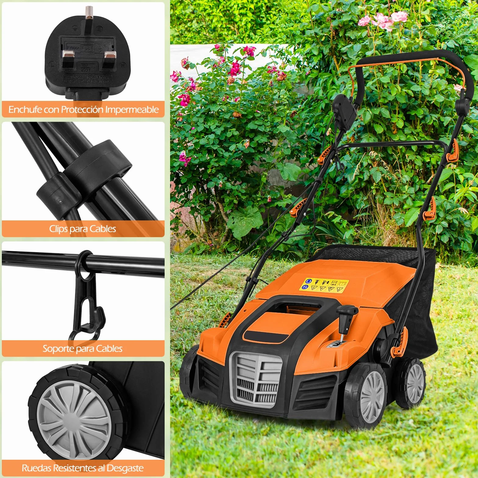 GOPLUS Escarificador Eléctrico, Cortacésped de Empuje con Ajuste de Profundidad de 5 Posiciones, Bolsa de Recolección Desmontable 55 L, Rastrillo Eléctrico Plegable para Cuidado del Césped (Naranja)