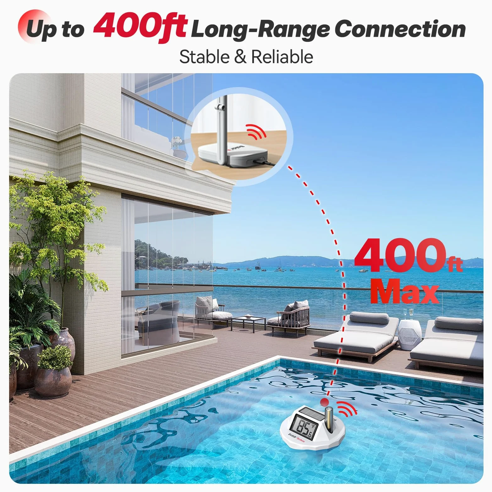 BaldrTherm Termómetro de piscina inteligente Wi-Fi, impermeable IPX8, monitor de temperatura del agua digital flotante con aplicación, fácil lectura y notificaciones de alerta para estanques, jacuzzi
