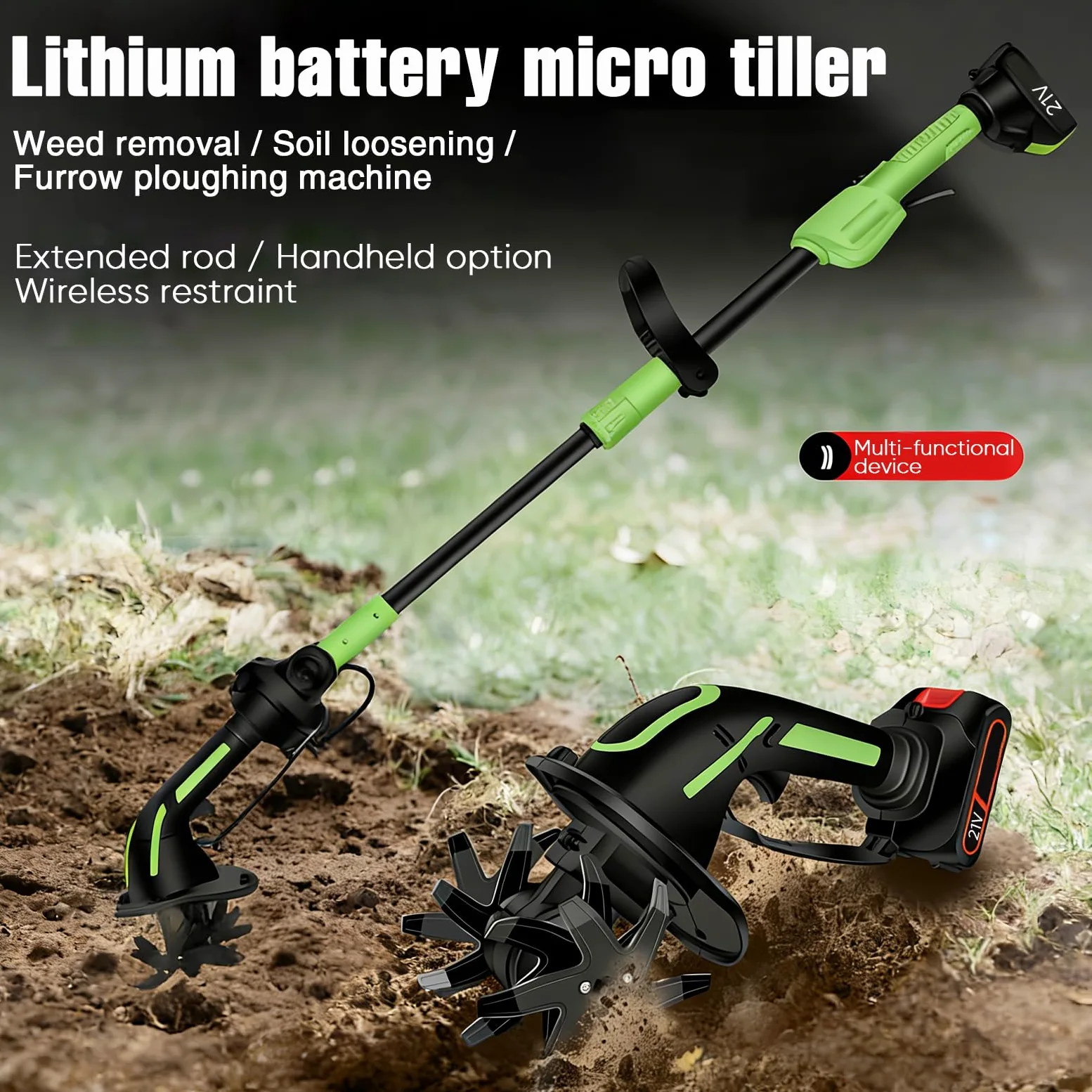 Motoazada Electrica, Mini Motoazada Portátil Varilla de extensión Desmontable de 1,3m,Ancho de Labranza 10cm, Profundidad de Labranza 10 cm Baterías 3000 mAh para Jardines y Huertos (2 Baterías)