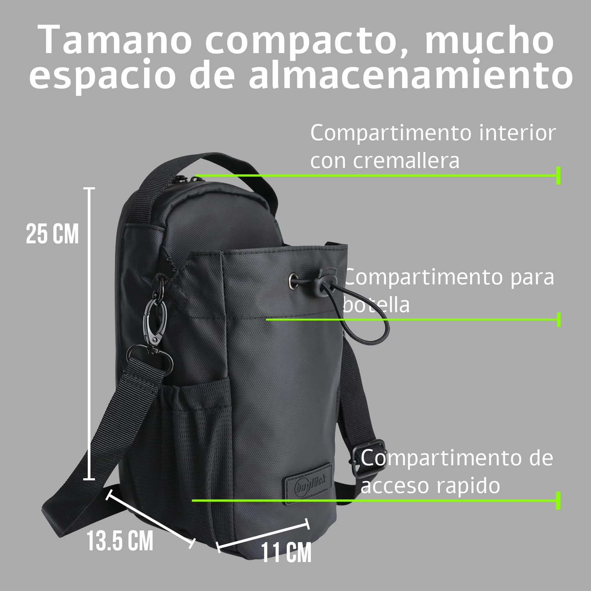 Bolsa Deportiva Magnética para Gimnasio con Soporte para Botella 1,5 L, Correa Ajustable, Negro
