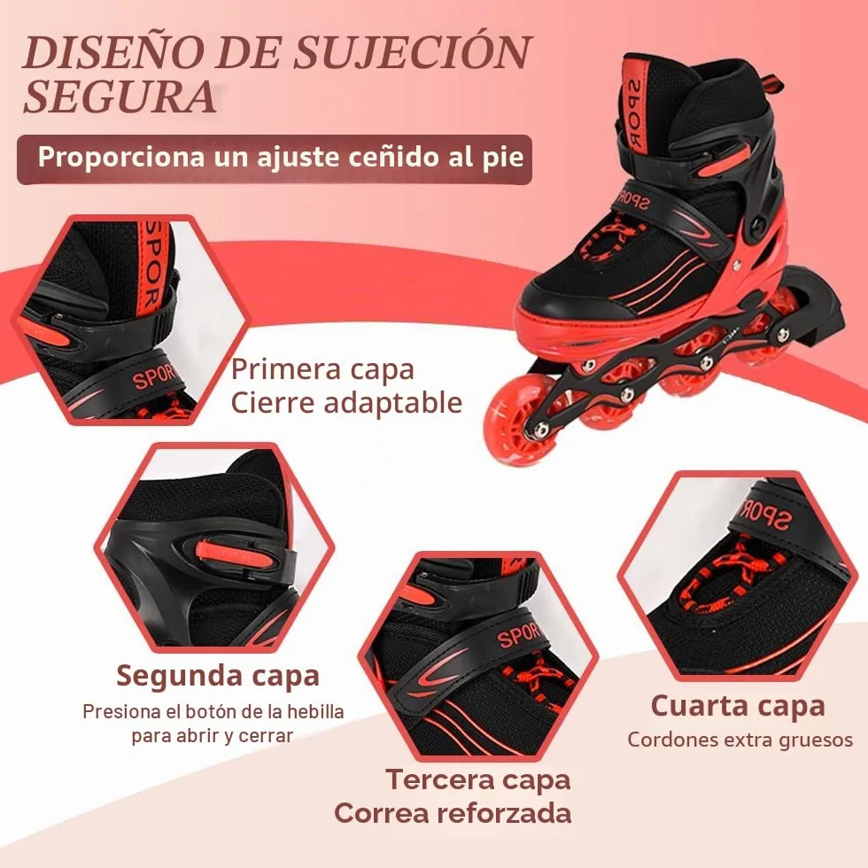 Patines en línea Ajustables para niños y adultos Interior Exterior Rojo