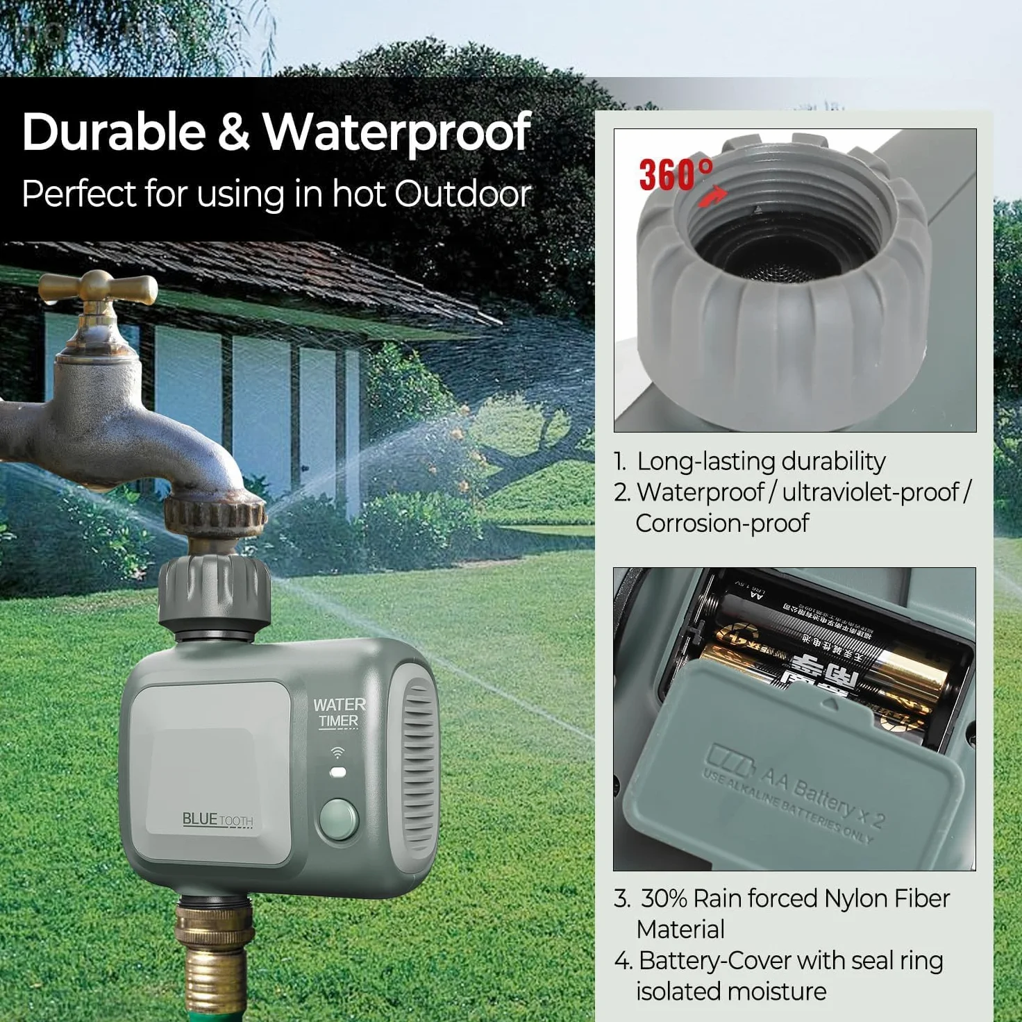 Temporizador de Agua Inteligente Bluetooth y WiFi, Compatible con Alexa y Google Assistant, App Tuya/Smart Life, Riego Automático de Jardín, Resistente al Agua IPX5, 1_Zone.