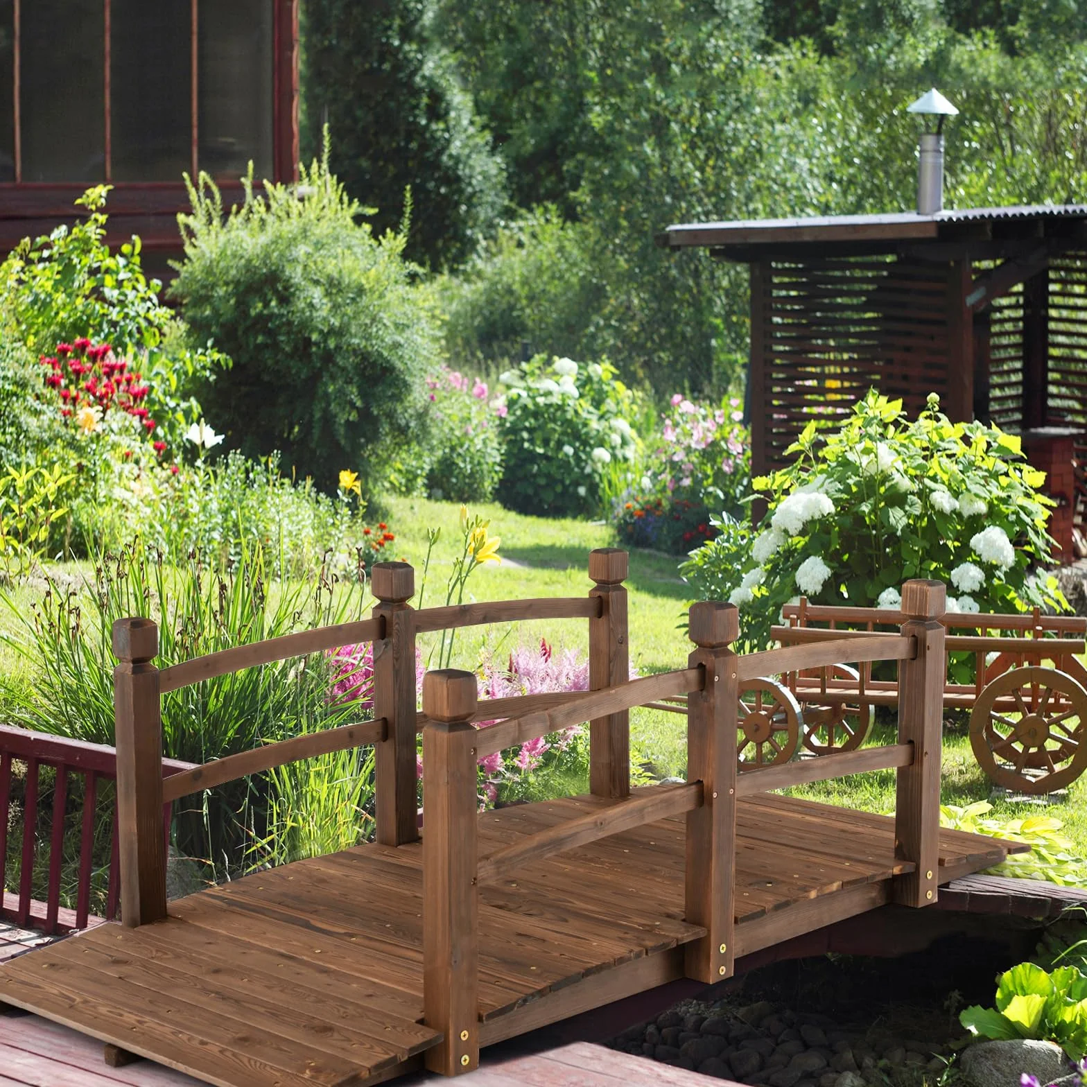 COSTWAY Puente de Jardín Madera, 171 x 76,5 x 58cm, Puente de Pie Decorativo Carbonizado con Barandillas de Seguridad, Carga 180 kg, Madera de Abeto, Jardín, Patio, Granja