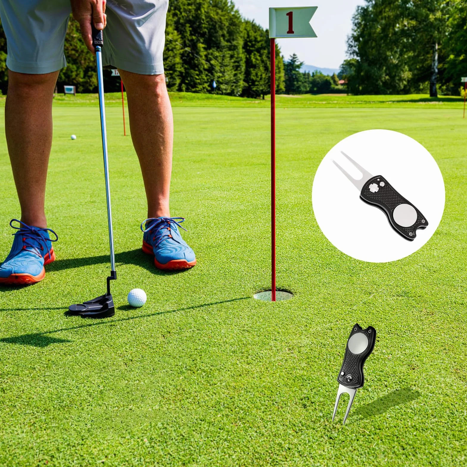 Herramienta Multifunción de Golf en Acero Inoxidable con Marcador Magnético y Botón Pop-up Plegable