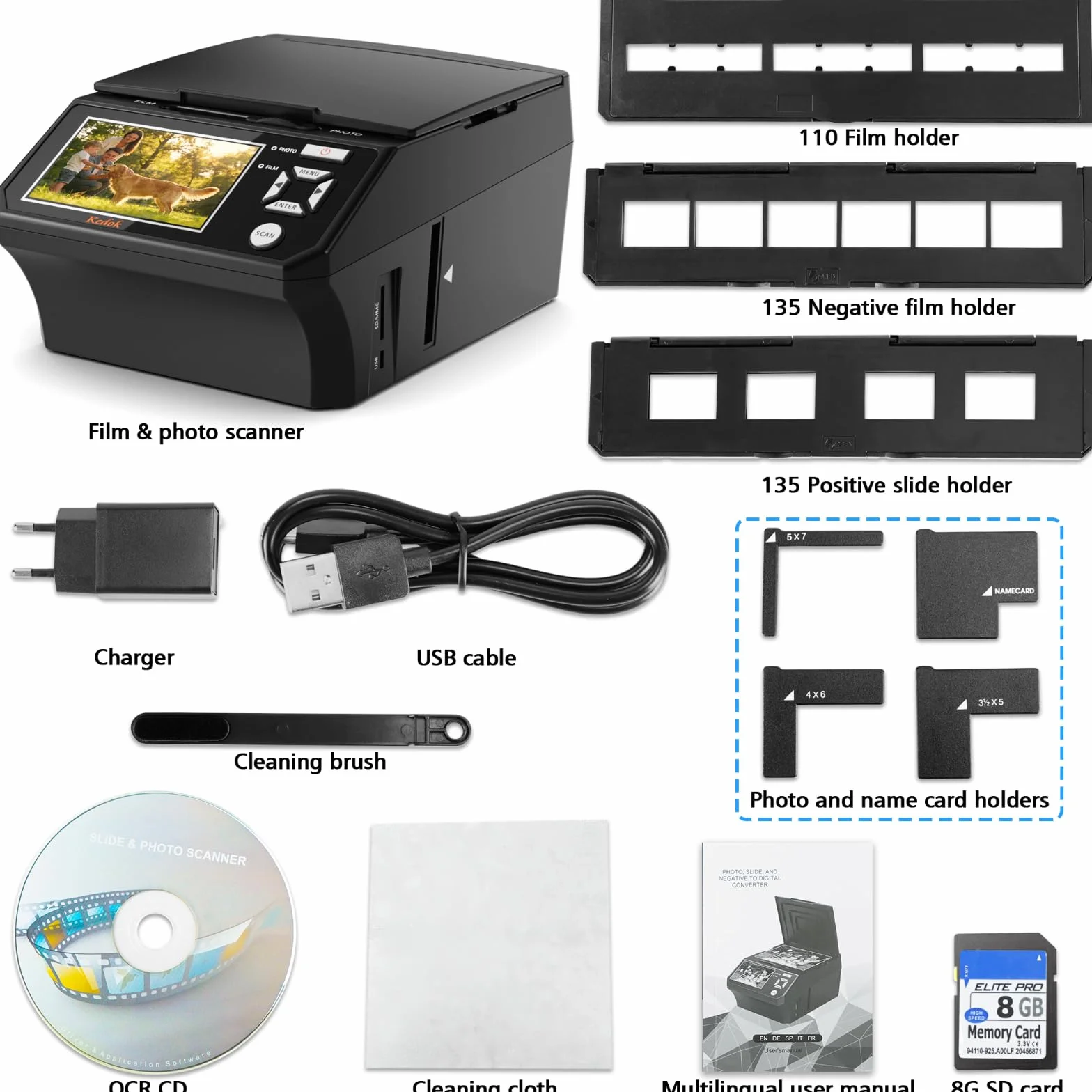 Escáner fotográfico 35mm 110mm 22MP LCD 5 Pulgadas JPEG Tarjeta SD 8GB