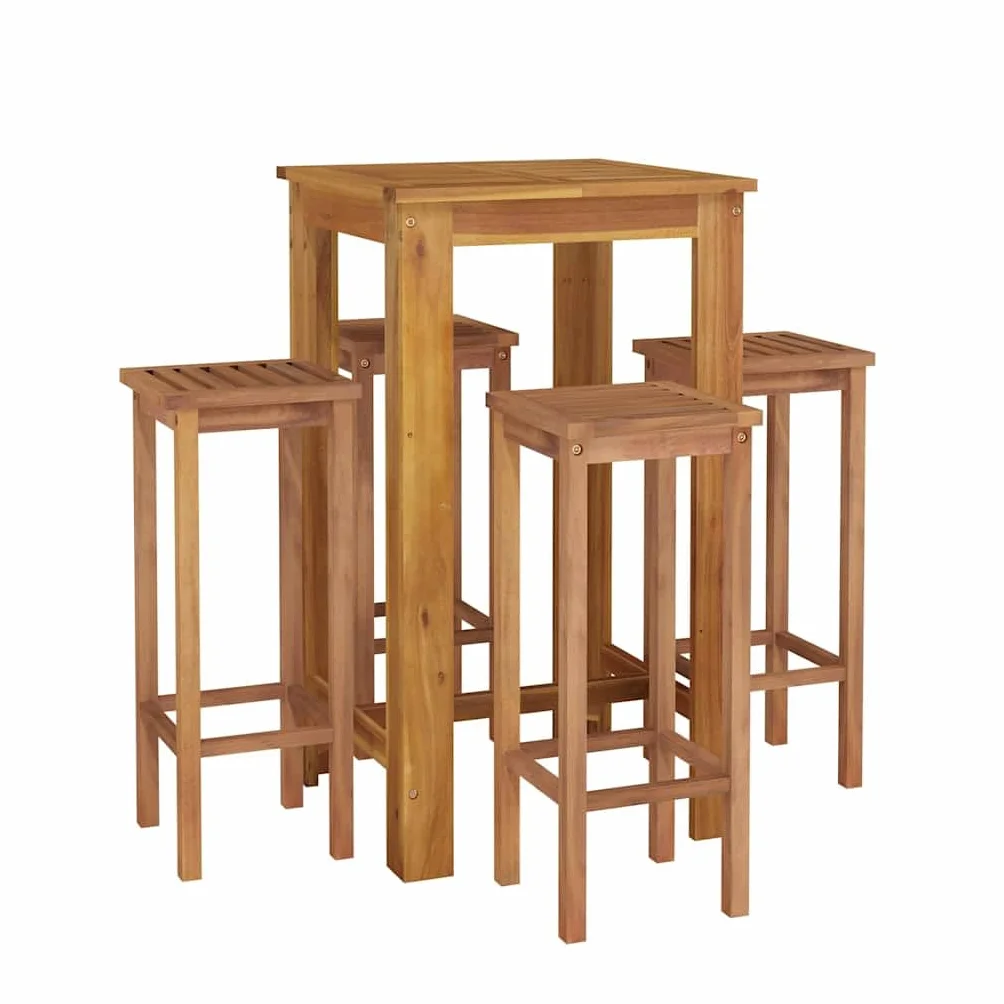 vidaXL Mesa y Taburetes Altos de Jardín 5 pzas, Juego de Muebles de Bar, Mesa Sillas Altas, Mesita Asientos Exterior, Madera Maciza Acacia