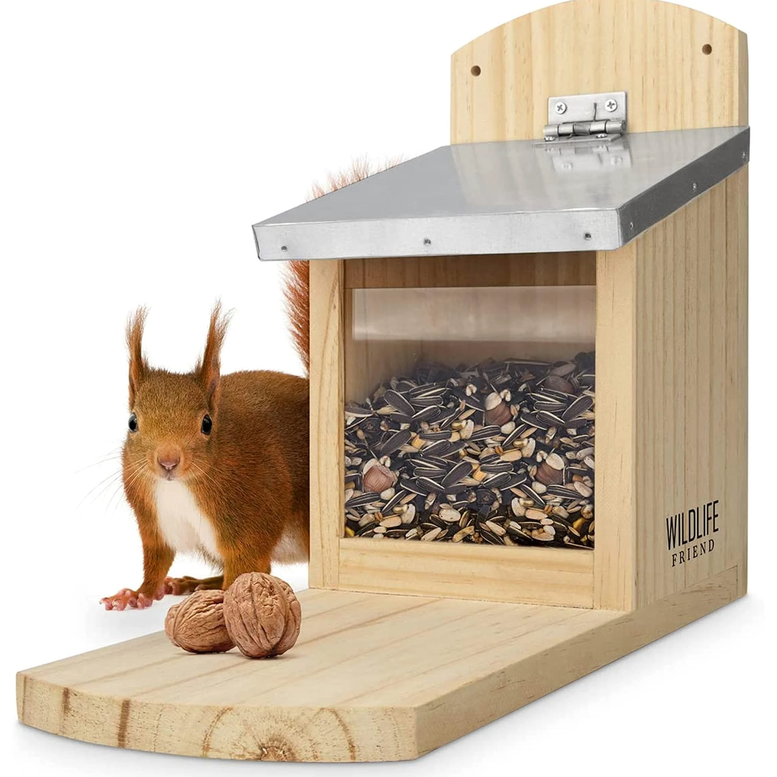 WILDLIFE FRIEND Comedero para Ardillas XXL - para llenar con Comida para Ardillas - Resistente a la Intemperie - Hecho de Madera Maciza, Techo de Metal y Ventana de plástico - 26x14x29cm