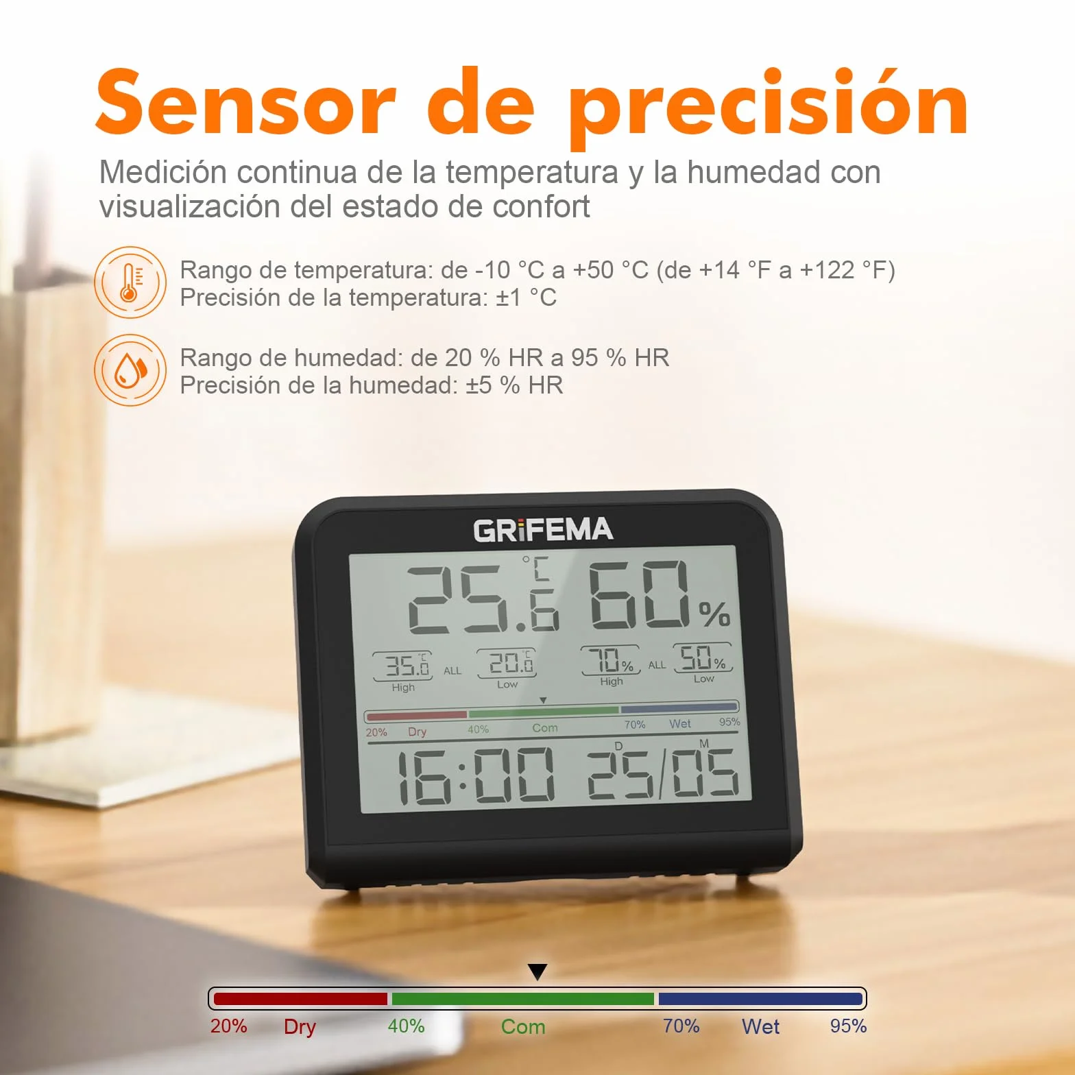 GRIFEMA GA2901B, Termómetro Digital Interior del Higrómetro, Digital Medidor de Humedad con Retroiluminación, Registro Máx/Mín, Reloj/Fecha, Ideal para Hogar/Invernadero, Negro