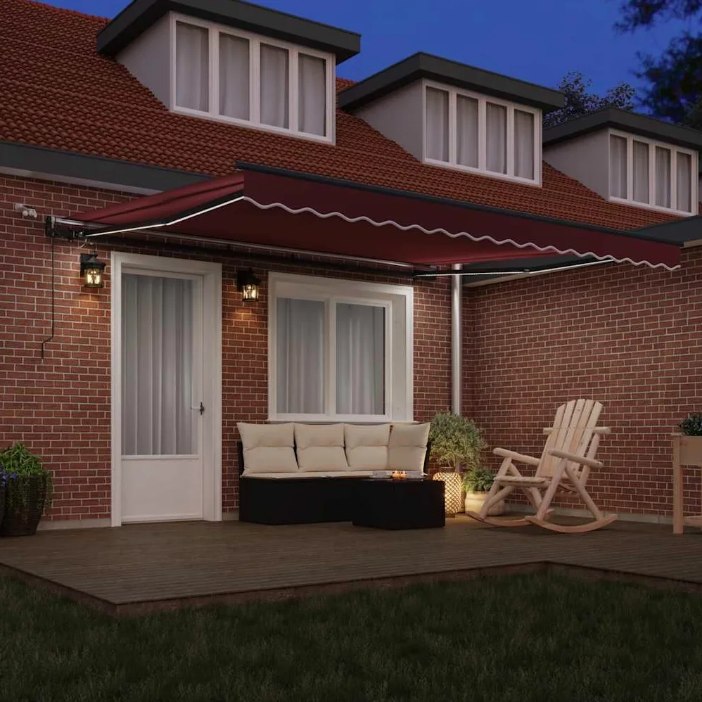 Toldo automático con LED burdeos 400 x 300 cm, aluminio recubierto de polvo, extensible con sensor de viento, iluminación LED, protección solar para terraza, balcón, jardín, exterior