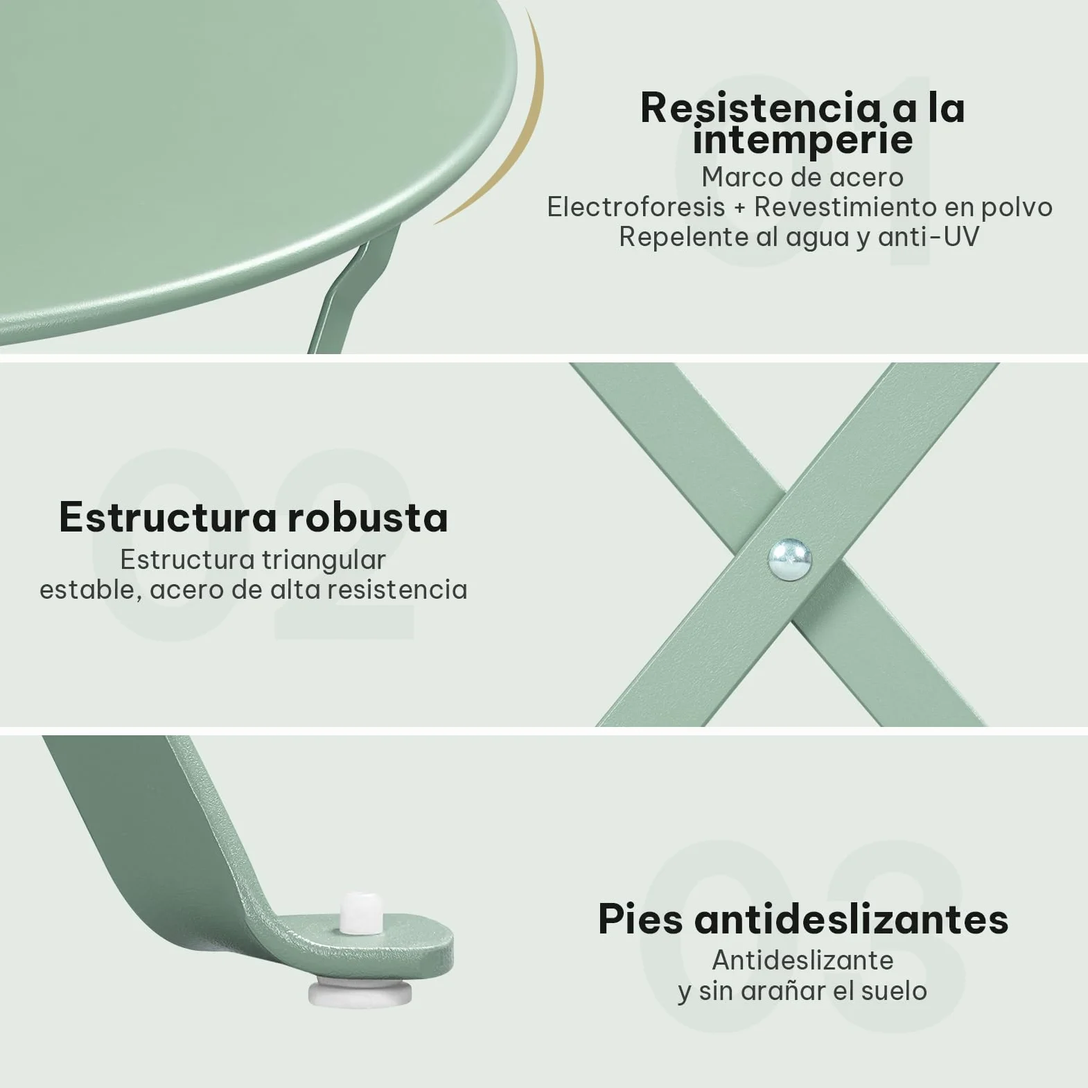 eSituro Conjunto Muebles Jardín, Mesa y 2 Sillas Plegables de Terraza, Muebles para Bistró, Balcón, Patio y Exterior, Metal Resistente, Verde