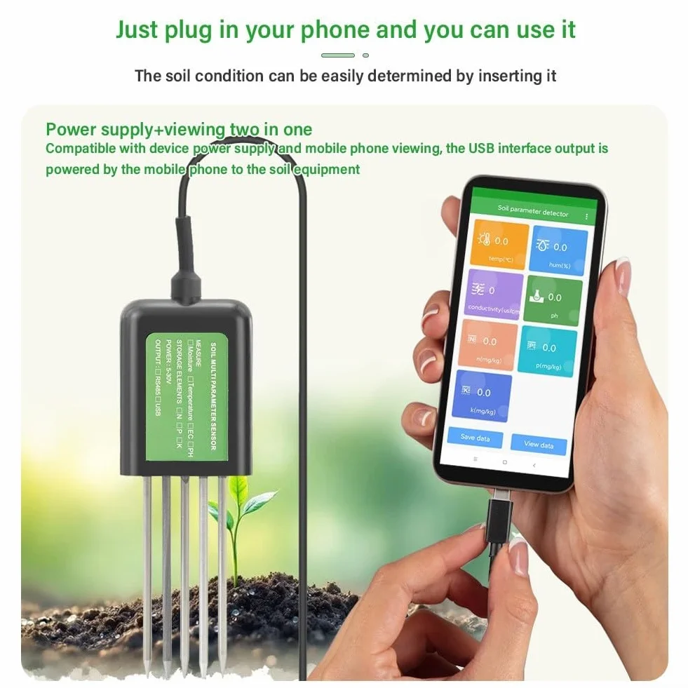 Probador de suelo 7 en 1, medidor de análisis de suelo digital USB para prueba de humedad de pH NPK para Android App compatible con cable de 1,5 m