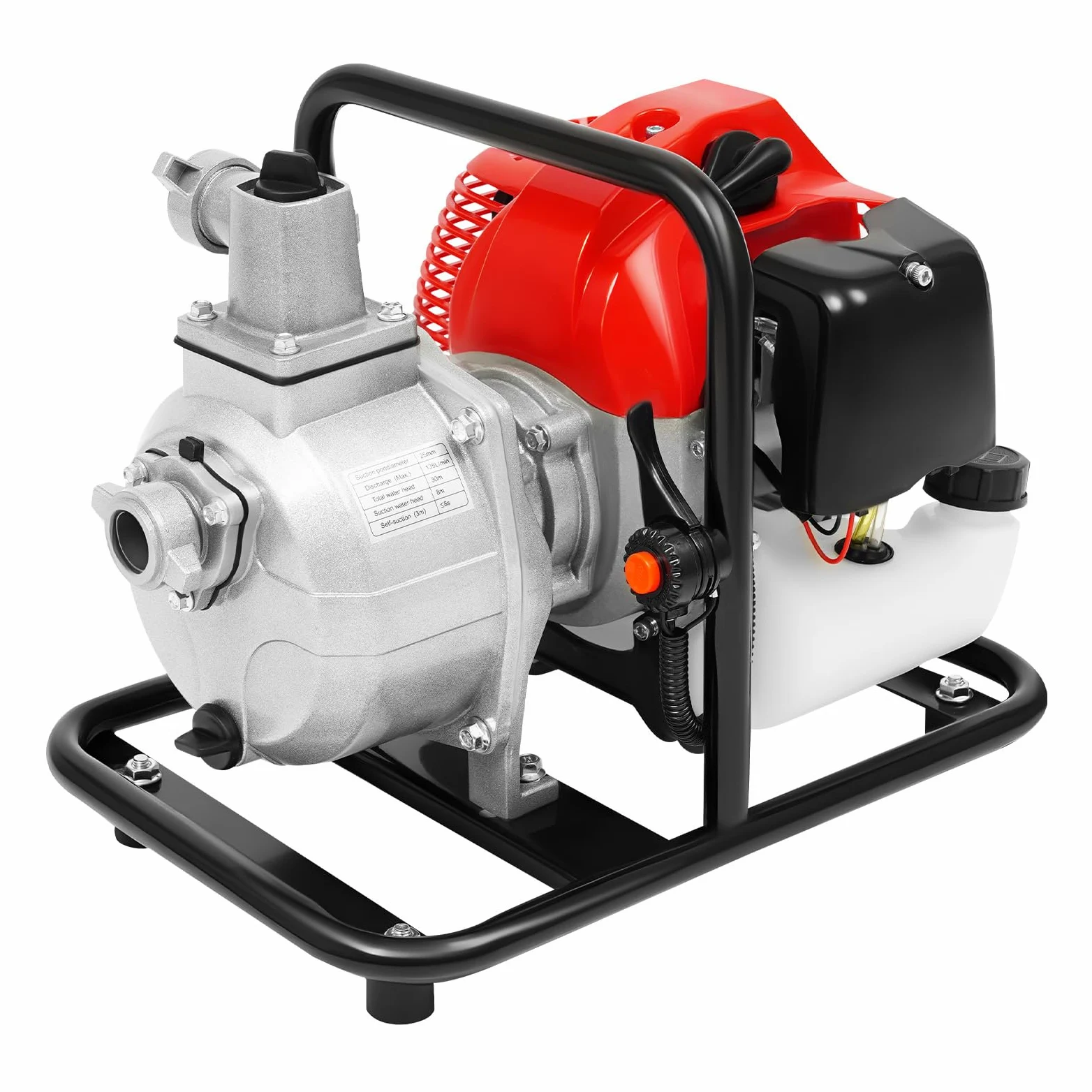 Bomba de agua de gasolina, 43 cc, 2 tiempos, 135 L/min, altura de extracción 30 m | Bomba de motor de 1,25 kW de potencia y arranque manual – Bomba de jardín autocebante para jardín, estanque y riego