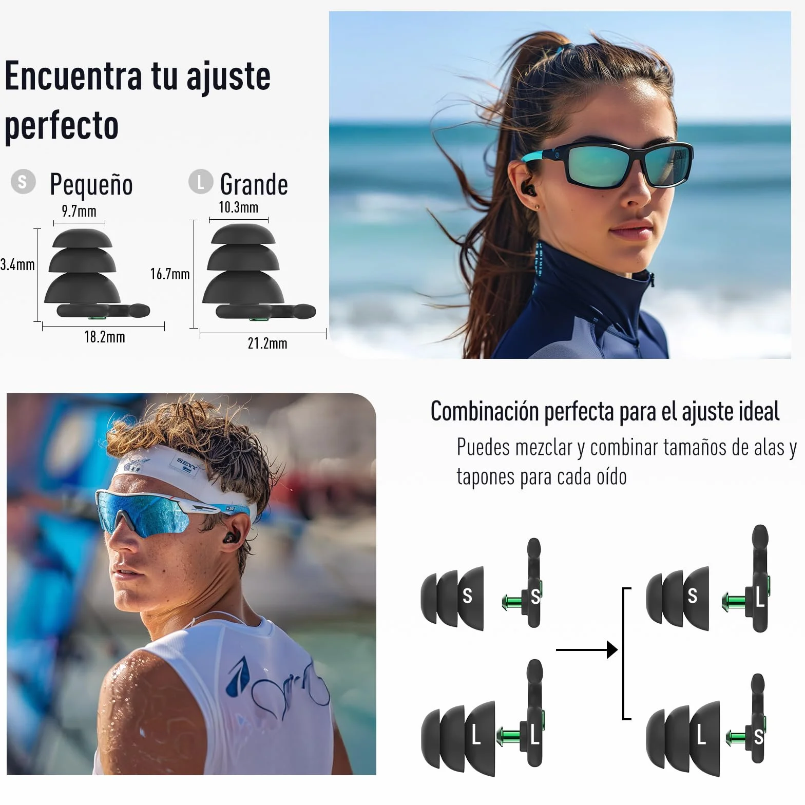 Hearprotek Tapones para los oídos natación adultos, 2 pares silicona reutilizables impermeables nadar surfear ducharse deportes acuáticos Negro