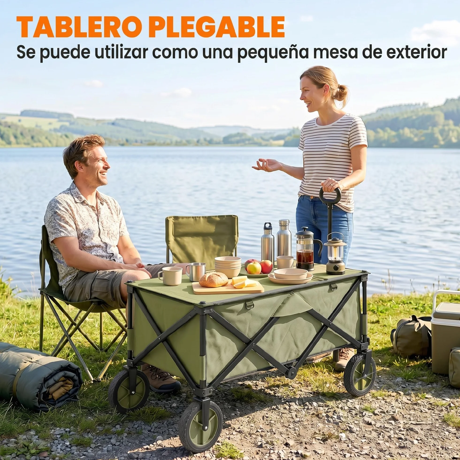 Outsunny Carro Plegable de Jardín con Ruedas Carro para Playa con Mango Telescópico Tablero Plegable 5 Bolsas Marco de Acero Carga 100 kg para Compra Patio 108x55x93 cm Verde