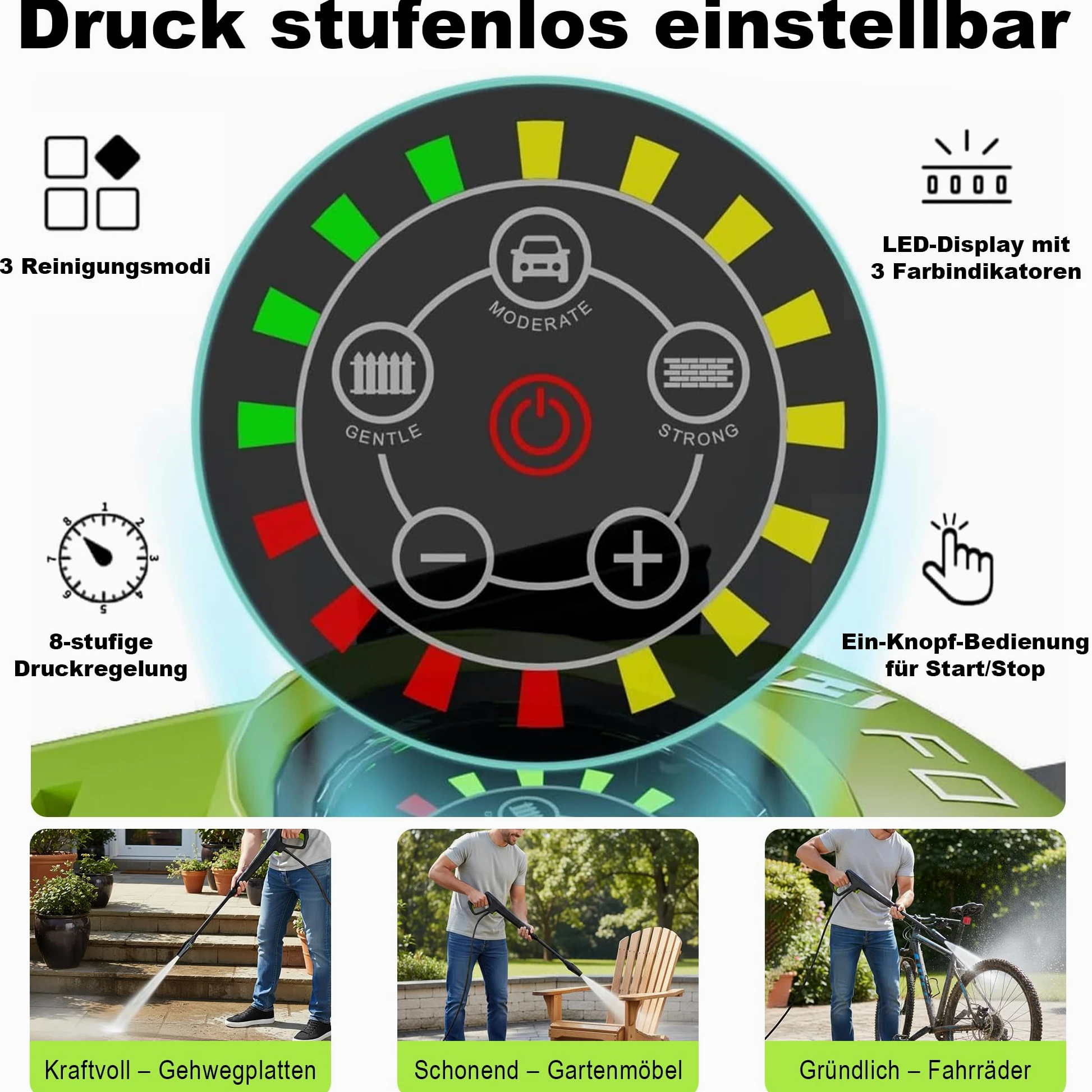 Limpiador de alta presión de 150 bar, pantalla táctil de 8 niveles, 3 modos, 250-420 l/h, 60 m²/h, con carrete de manguera, pistola de espuma de 500 ml, fresa de suciedad, manguera de 7 m