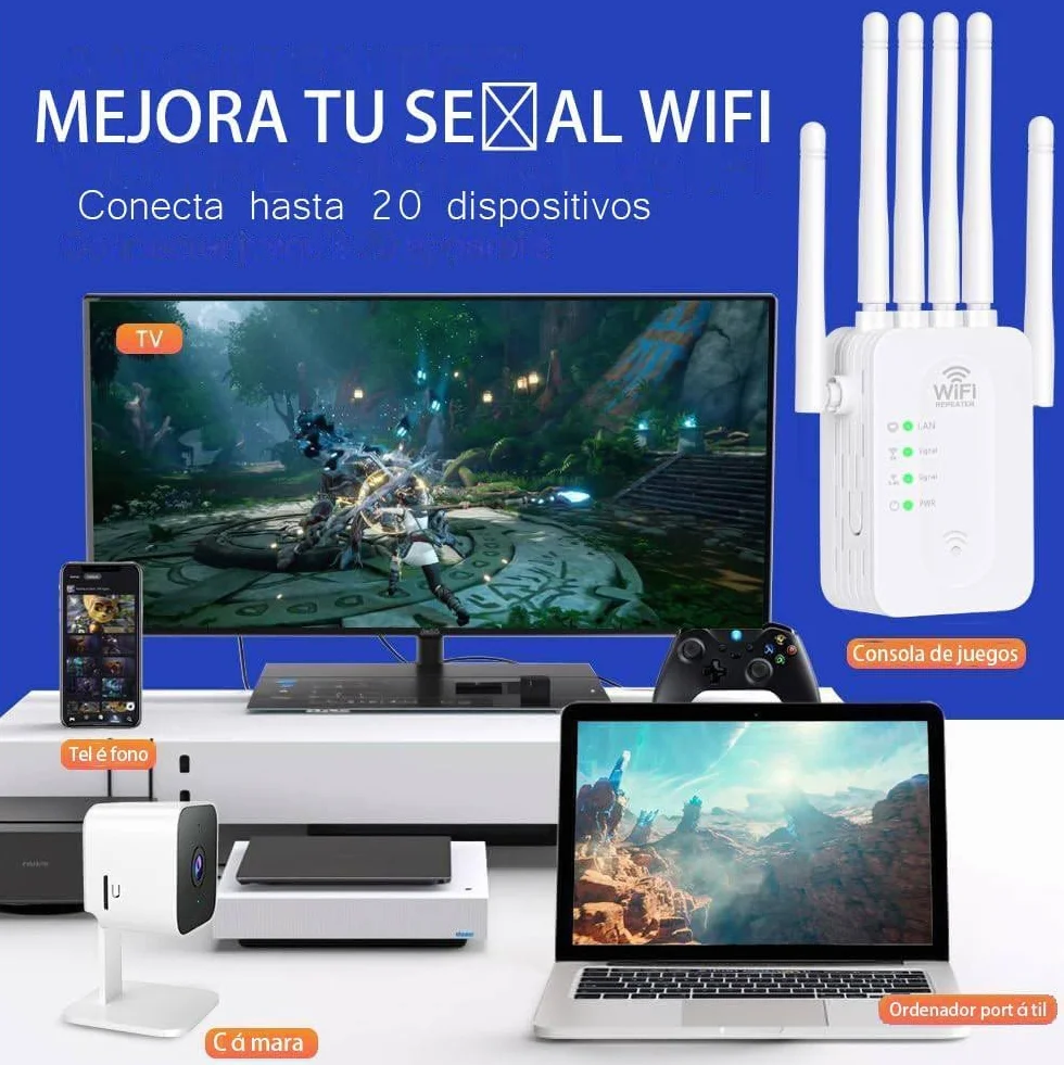 Repetidor WiFi 1200Mbps Doble Banda 5GHz 2.4GHz Amplificador Señal WPS 6 Antenas Externas