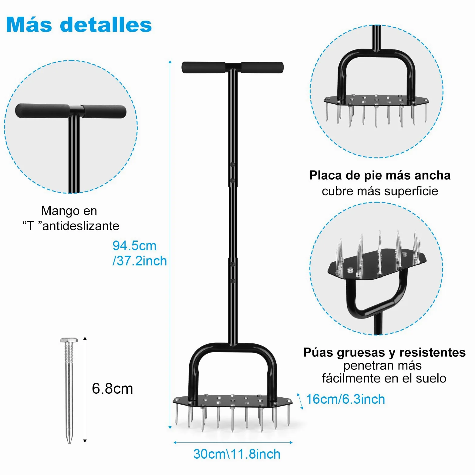 Aireador de Césped Manual con 18 Picos, Herramienta de Aireación Desmontable, Empuñadura en T y Placa de pie Ancha