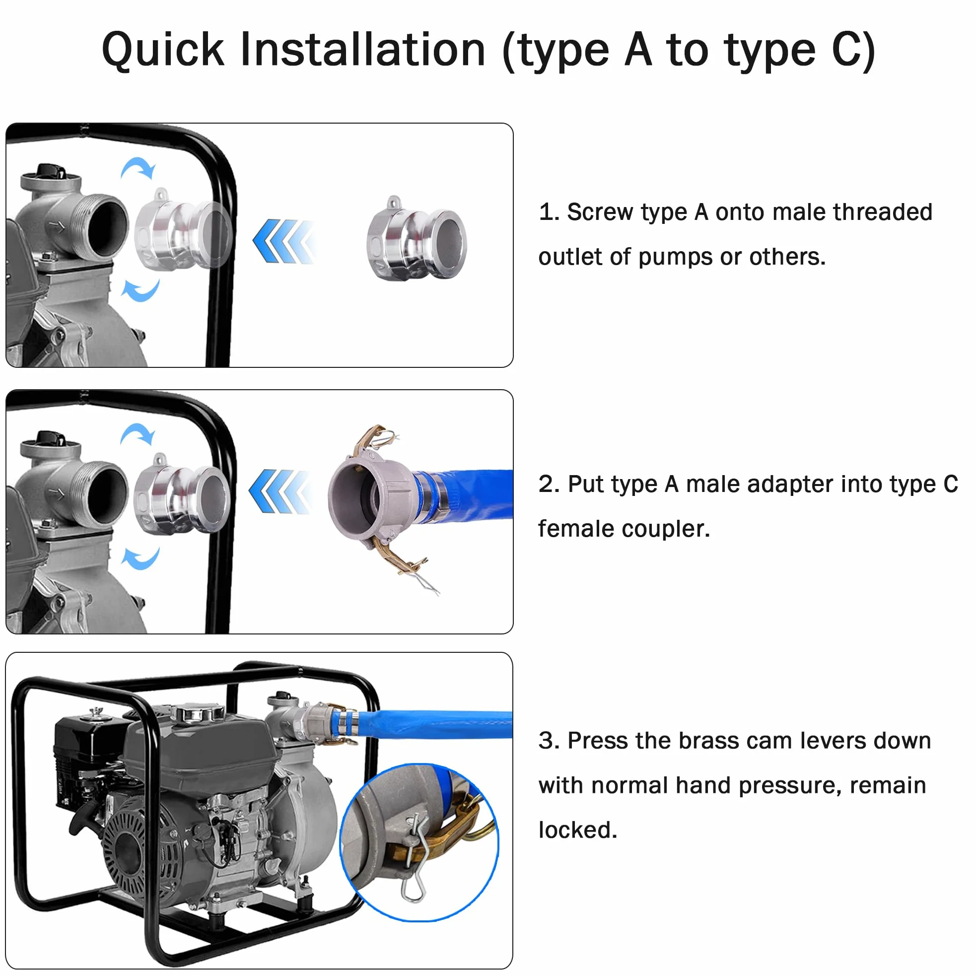 DAVCO Manguera de descarga plana de PVC de 1.5 pulgadas de diámetro interior x 50 pies, mangueras de retrolavado de piscina azul reforzadas resistentes para piscinas de drenaje, con accesorios Camlock
